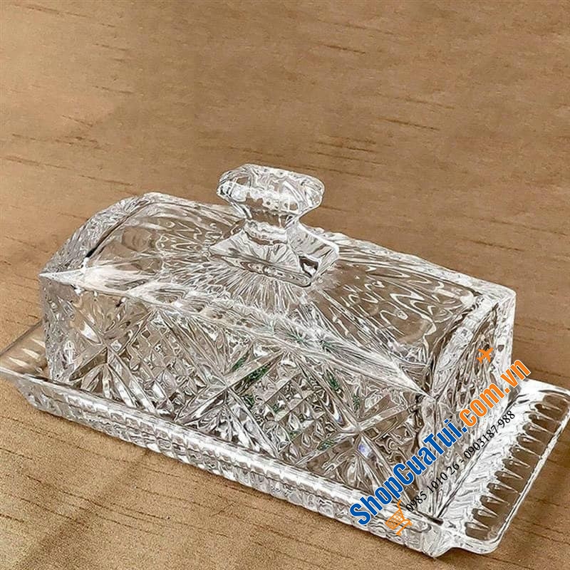 Đĩa để bơ có nắp chụp Dublin, pha lê hình hộp chữ nhật dùng để bơ, bánh ngọt, hoa quả, trang sức,...