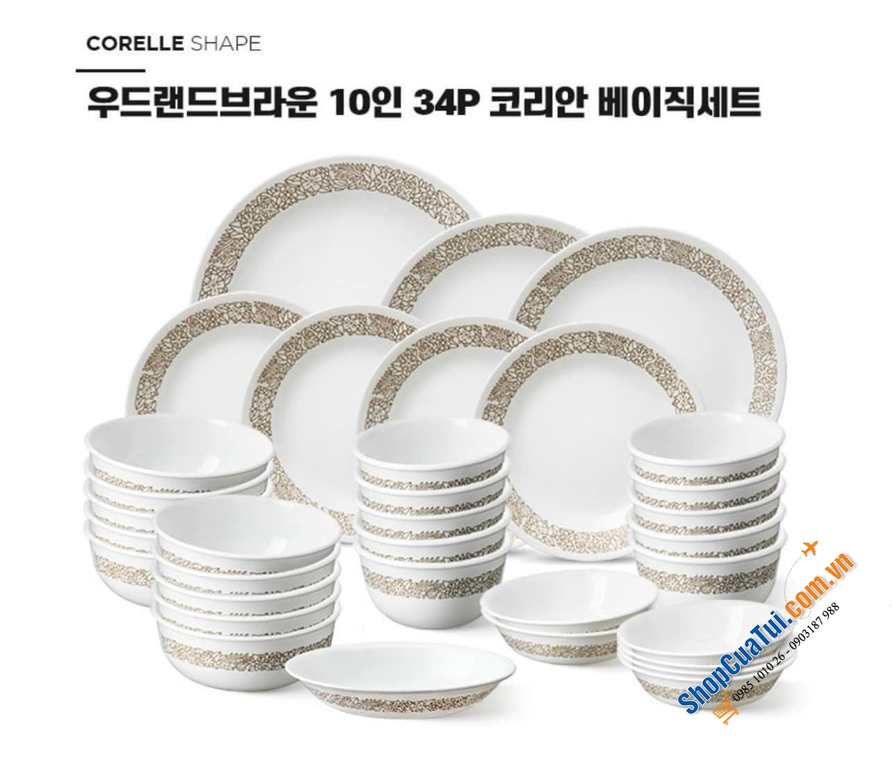 BỘ BÁT ĐĨA GỐM THỦY TINH CORELLE 34 MÓN CHO 10 NGƯỜI ĂN - SẢN XUẤT TẠI MỸ, MUA TẠI HÀN QUỐC