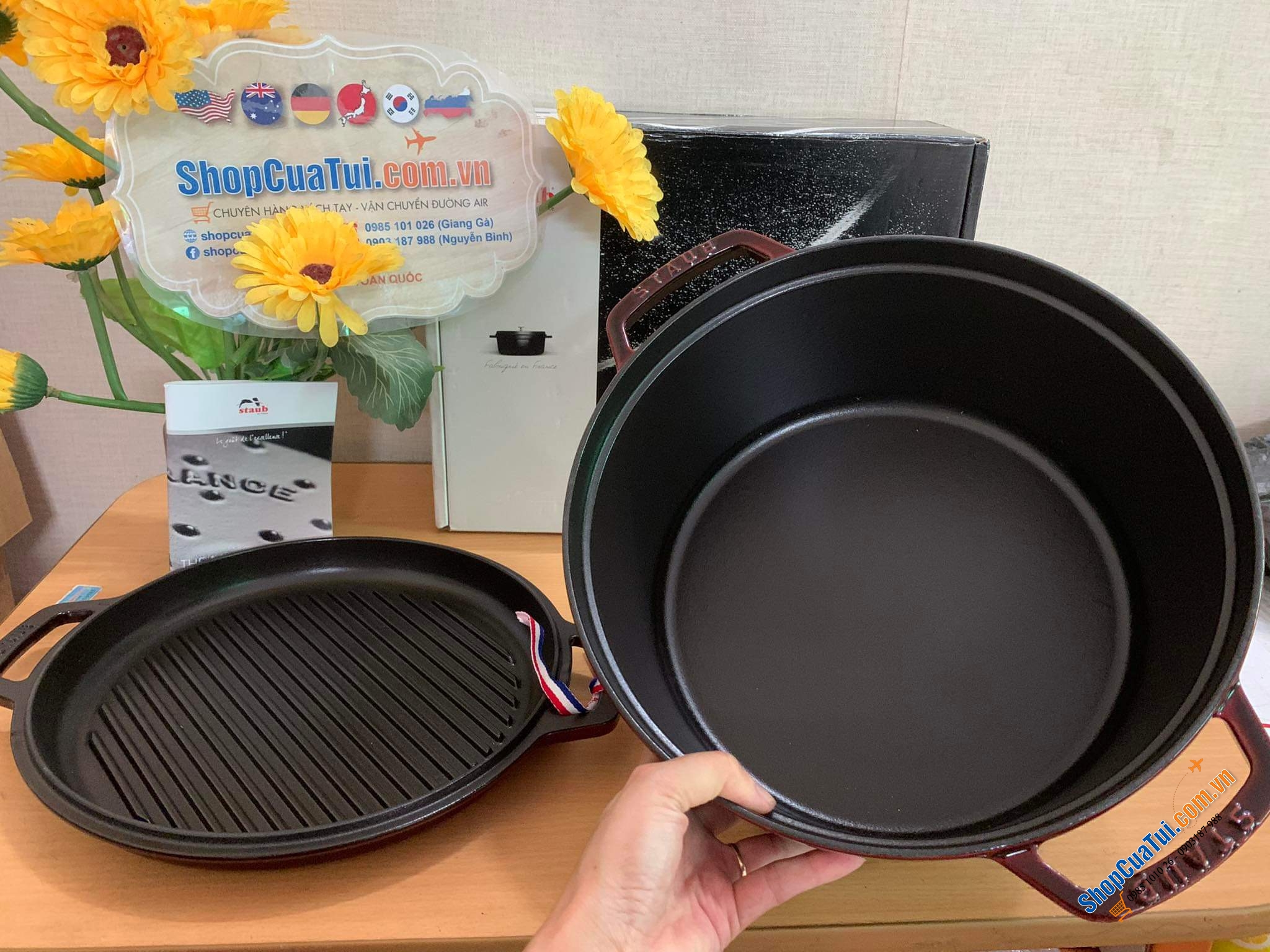 NỒI GANG - CHẢO NƯỚNG STAUB ĐỎ RƯỢU 28 CM 2 in 1 - màu đỏ mận
