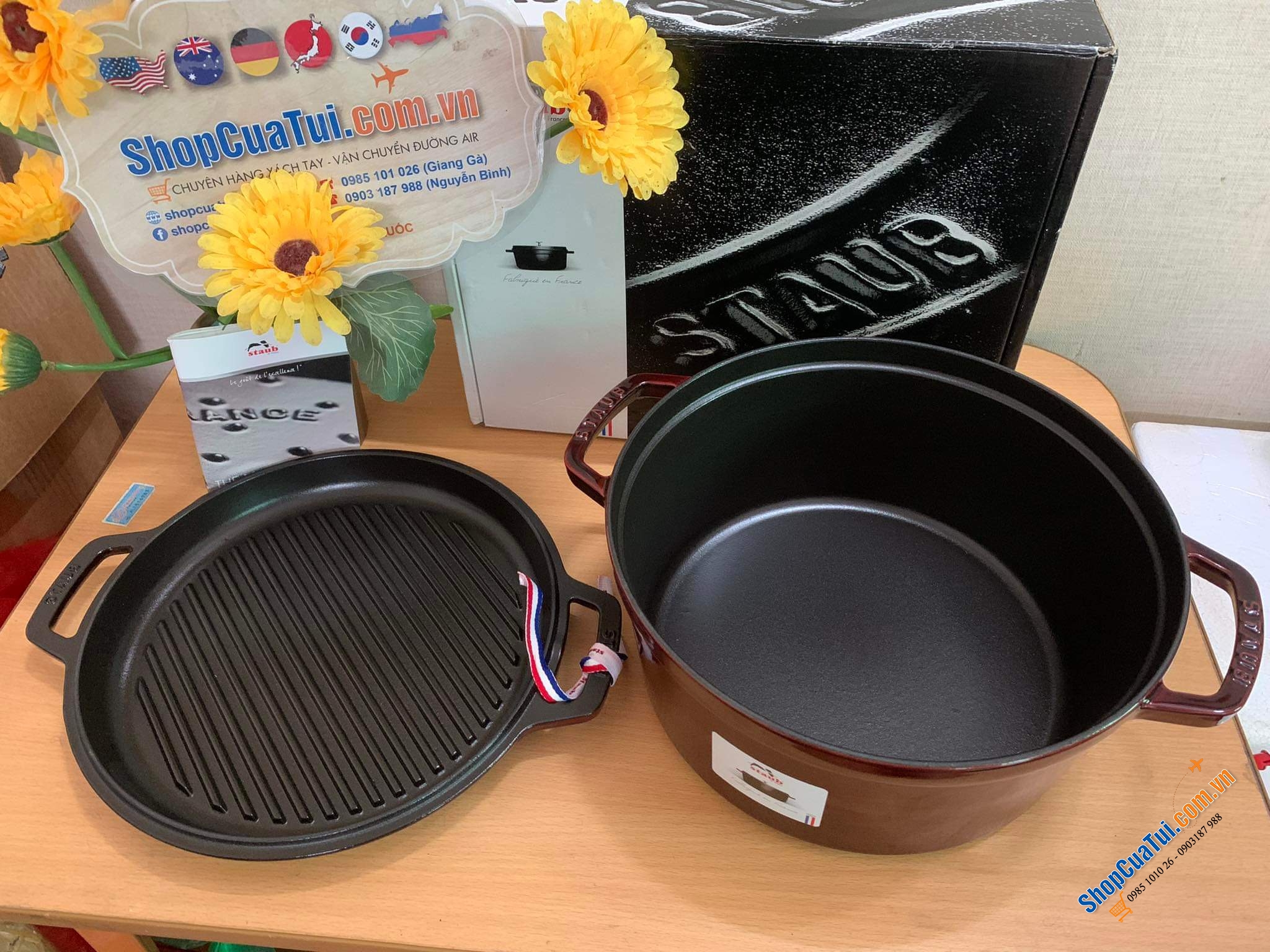 NỒI GANG - CHẢO NƯỚNG STAUB ĐỎ RƯỢU 28 CM 2 in 1 - màu đỏ mận
