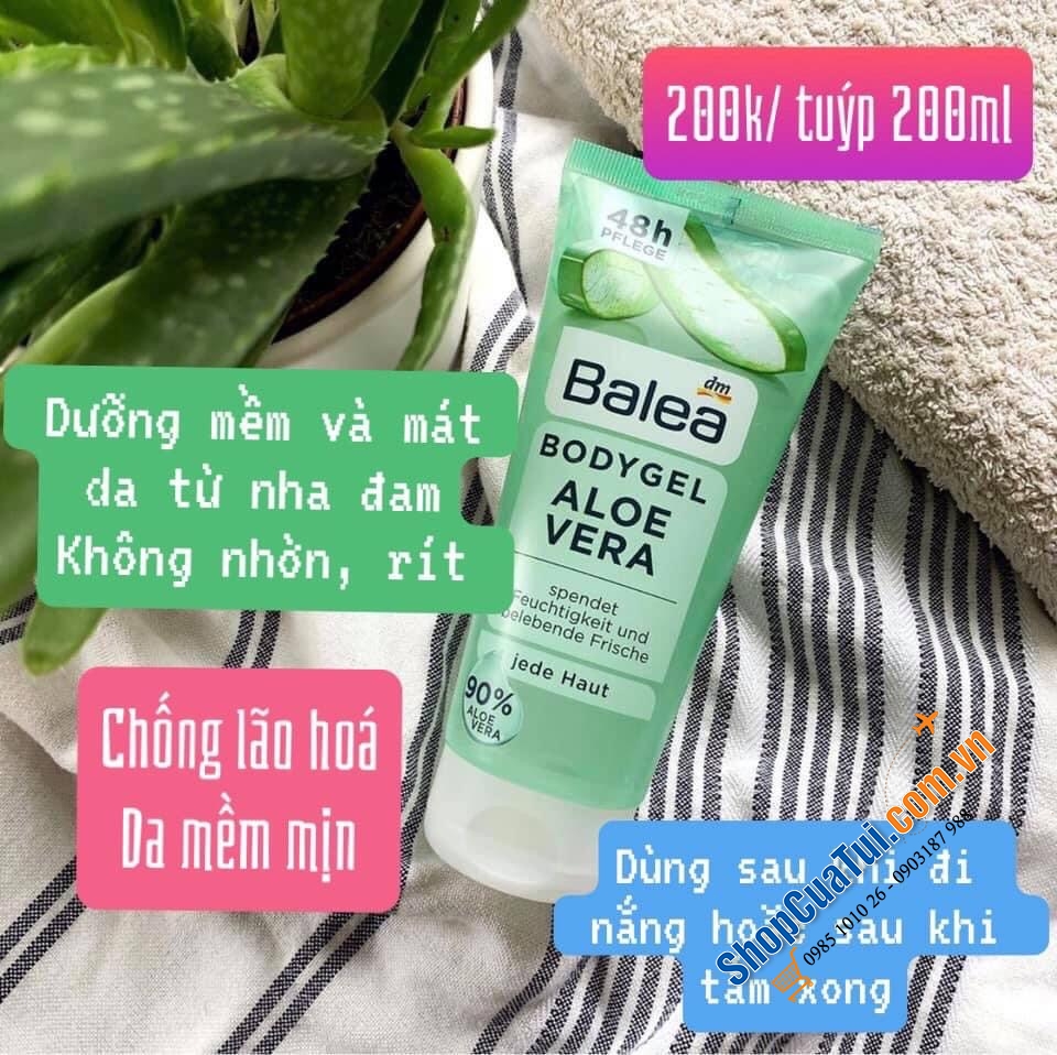 Kem dưỡng thể Balea Aloe Vera Body Gel Chiết xuất từ nha đam với công thức dịu nhẹ, cung cấp độ ẩm cao và duy trì giúp da dẻo dai và mềm mại, không nhờn rít dành cho mọi loại da 200ml
