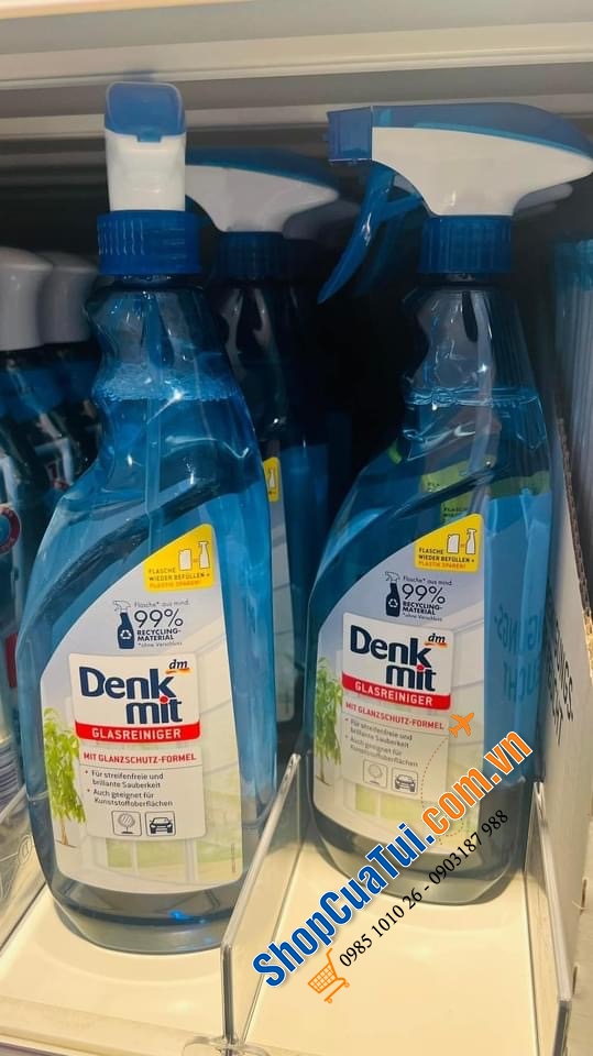 Dung dịch, Nước lau, xịt kính Denkmit Glasreiniger 1L - làm sạch các đồ dùng trong nhà bằng kính, gương, như cửa sổ kính, gương, bàn kính, cửa sổ xe, vách kính nhà tắm...