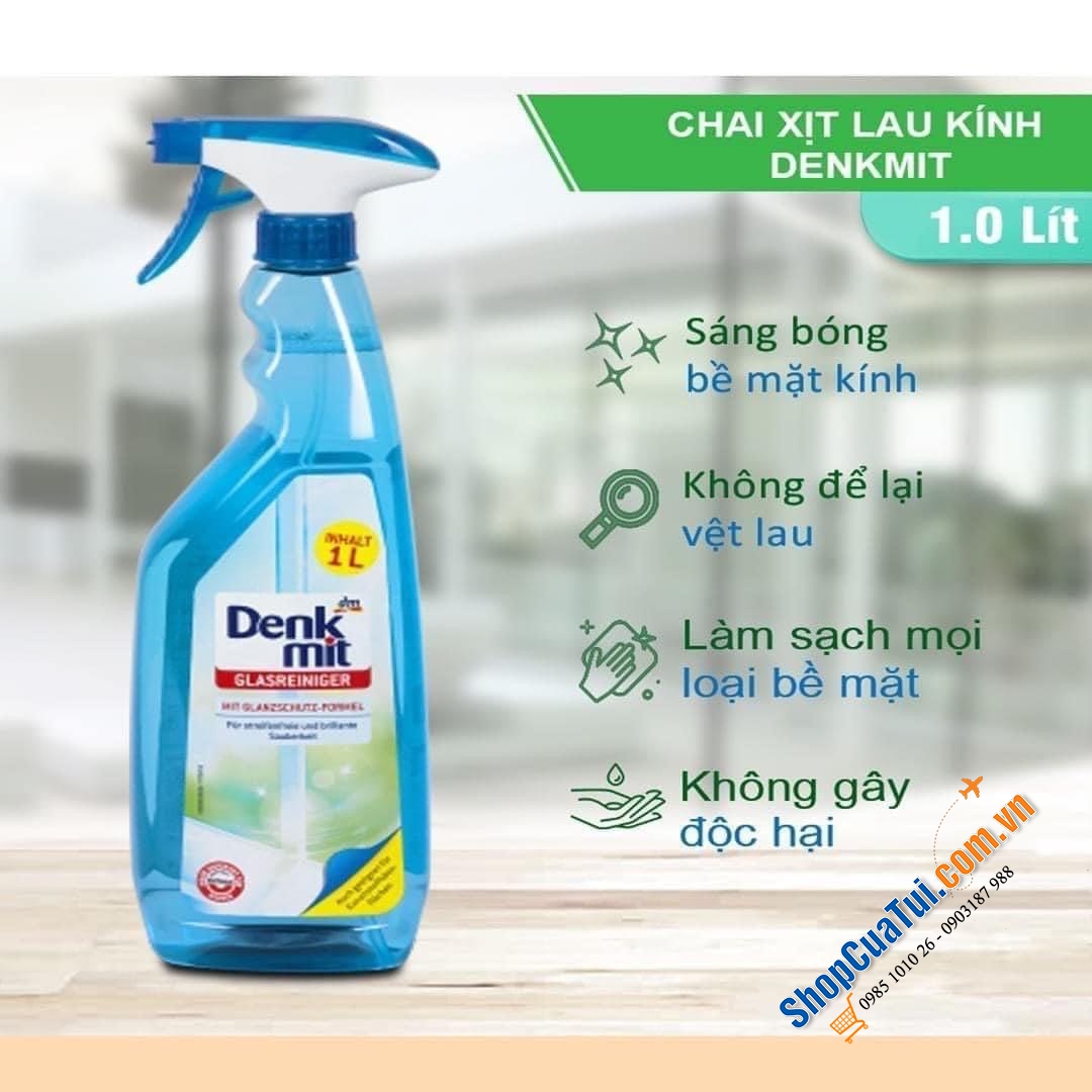 Dung dịch, Nước lau, xịt kính Denkmit Glasreiniger 1L - làm sạch các đồ dùng trong nhà bằng kính, gương, như cửa sổ kính, gương, bàn kính, cửa sổ xe, vách kính nhà tắm...