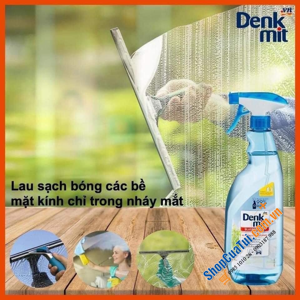 Dung dịch, Nước lau, xịt kính Denkmit Glasreiniger 1L - làm sạch các đồ dùng trong nhà bằng kính, gương, như cửa sổ kính, gương, bàn kính, cửa sổ xe, vách kính nhà tắm...