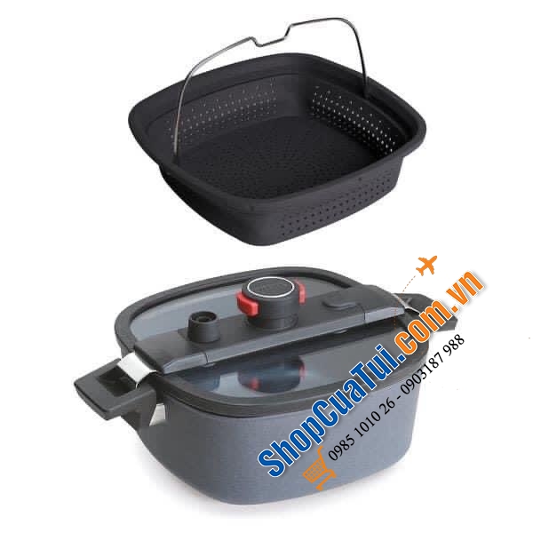 Nồi áp suất Woll 1026-2-1DALI Diamond Active Lite 26x26 cm 5,5L hình vuông - Made in Germany - có lớp phủ cứng DIAMOND XR 5 lớp chống cắt và mài mòn cho phép phân phối nhiệt hiệu quả