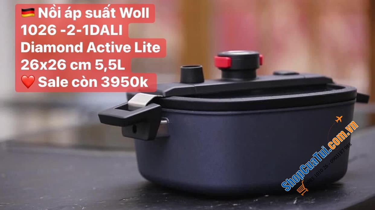 Nồi áp suất Woll 1026-2-1DALI Diamond Active Lite 26x26 cm 5,5L hình vuông - Made in Germany - có lớp phủ cứng DIAMOND XR 5 lớp chống cắt và mài mòn cho phép phân phối nhiệt hiệu quả