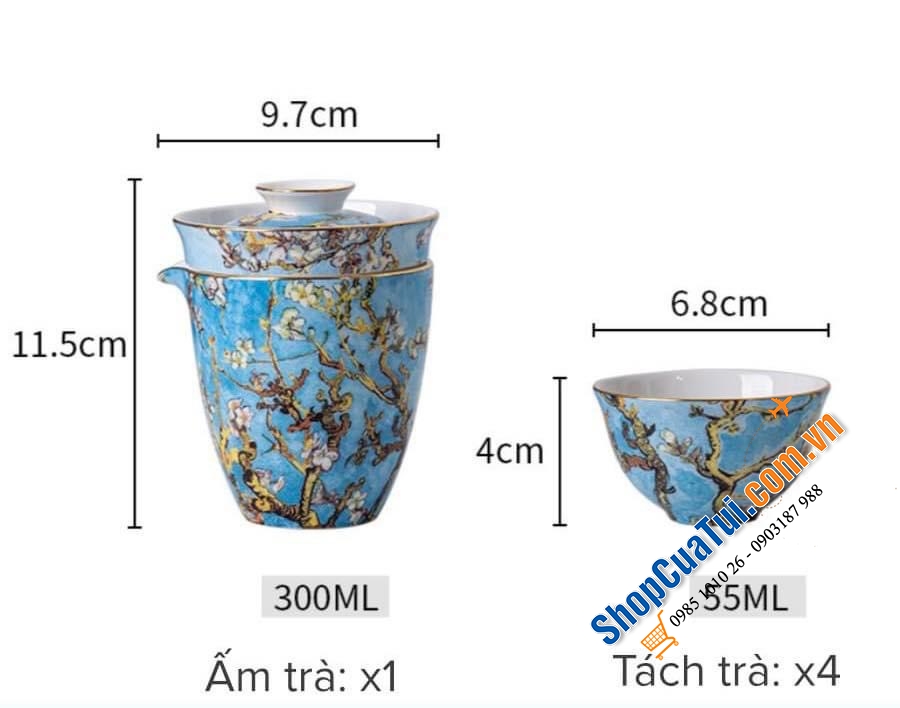 Bộ ấm chén Handmade cao cấp Châu Âu: Bộ chén trà sứ xương hoạ tiết vẽ tay phỏng theo tranh nhành hoa hạnh nhân VanGogh