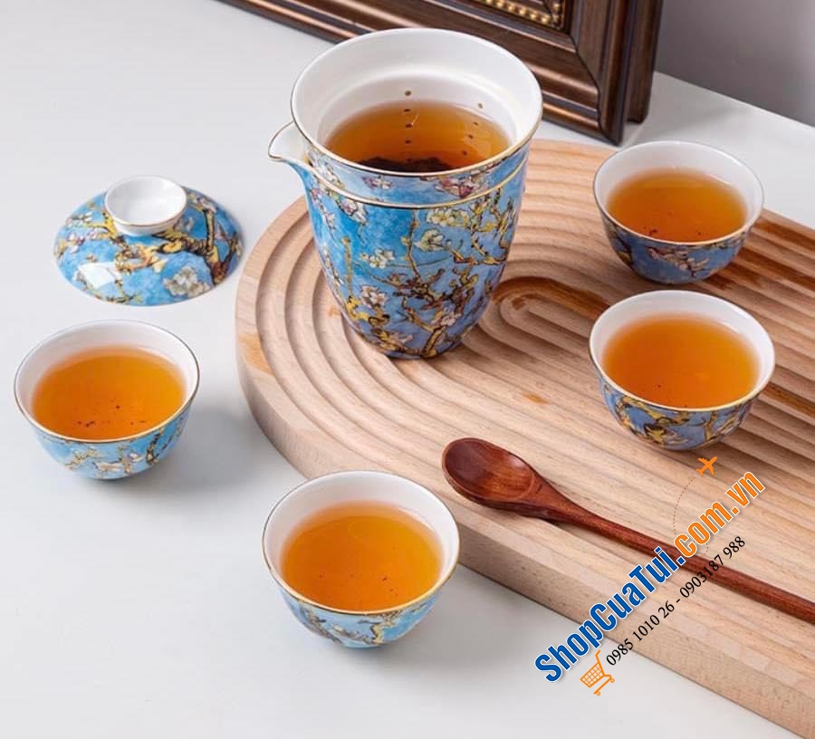 Bộ ấm chén Handmade cao cấp Châu Âu: Bộ chén trà sứ xương hoạ tiết vẽ tay phỏng theo tranh nhành hoa hạnh nhân VanGogh
