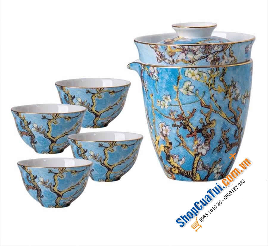 Bộ ấm chén Handmade cao cấp Châu Âu: Bộ chén trà sứ xương hoạ tiết vẽ tay phỏng theo tranh nhành hoa hạnh nhân VanGogh