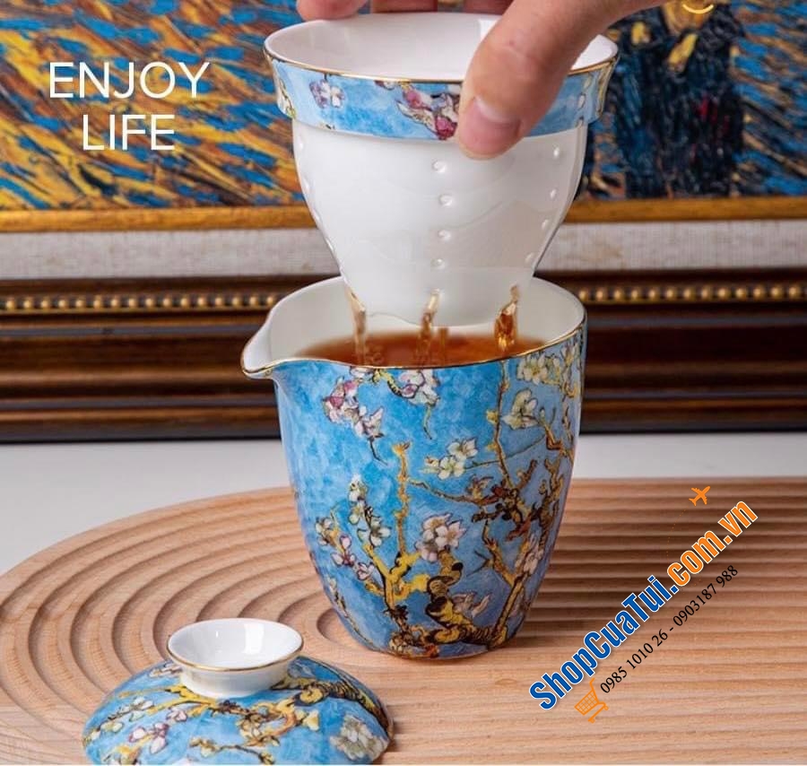 Bộ ấm chén Handmade cao cấp Châu Âu: Bộ chén trà sứ xương hoạ tiết vẽ tay phỏng theo tranh nhành hoa hạnh nhân VanGogh
