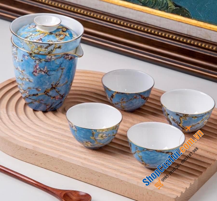 Bộ ấm chén Handmade cao cấp Châu Âu: Bộ chén trà sứ xương hoạ tiết vẽ tay phỏng theo tranh nhành hoa hạnh nhân VanGogh