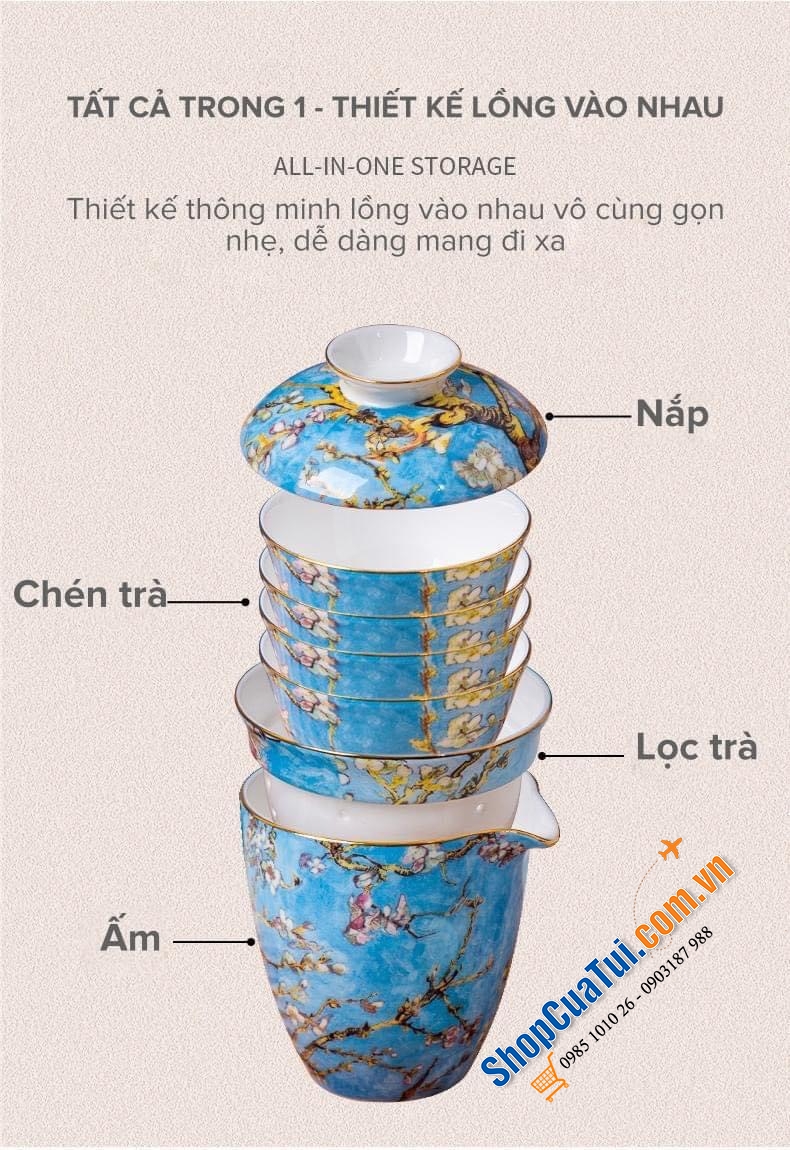Bộ ấm chén Handmade cao cấp Châu Âu: Bộ chén trà sứ xương hoạ tiết vẽ tay phỏng theo tranh nhành hoa hạnh nhân VanGogh
