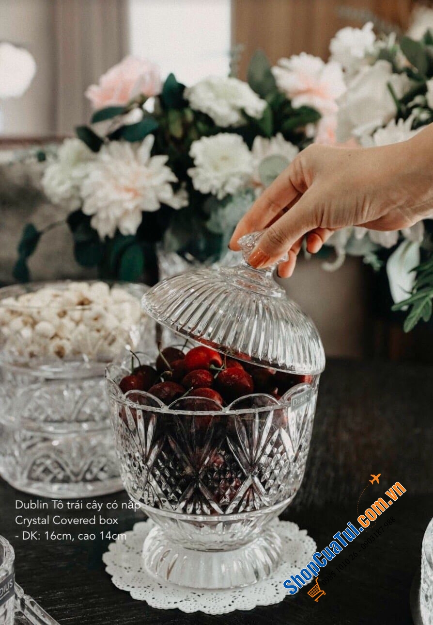 Hũ kẹo Dublin Atiso màu đỏ, màu trắng - chiếc thố pha lê 15cm có nắp Dublin đựng hoa quả, bánh kẹo, soup, yến chưng ...