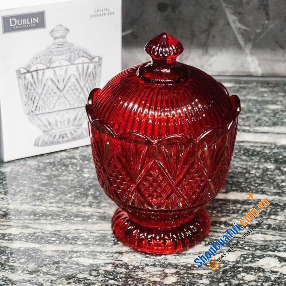 Hũ kẹo Dublin Atiso màu đỏ, màu trắng - chiếc thố pha lê 15cm có nắp Dublin đựng hoa quả, bánh kẹo, soup, yến chưng ...