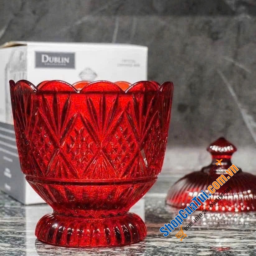 Hũ kẹo Dublin Atiso màu đỏ, màu trắng - chiếc thố pha lê 15cm có nắp Dublin đựng hoa quả, bánh kẹo, soup, yến chưng ...