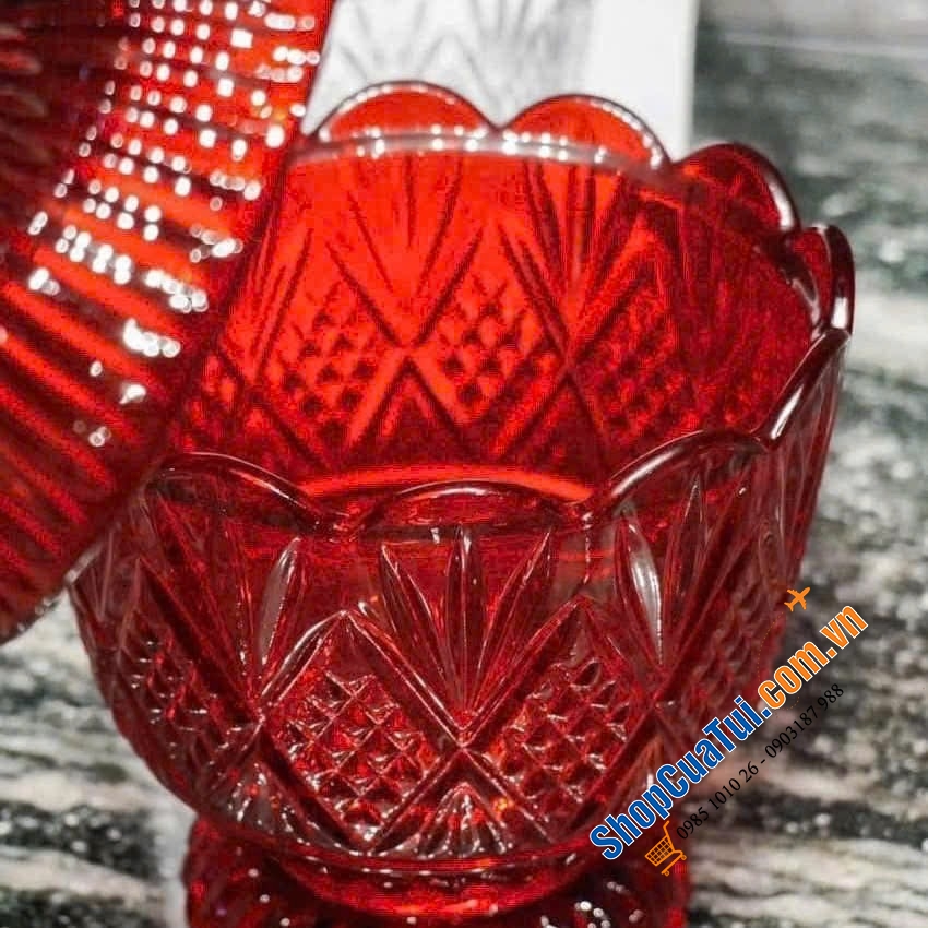 Hũ kẹo Dublin Atiso màu đỏ, màu trắng - chiếc thố pha lê 15cm có nắp Dublin đựng hoa quả, bánh kẹo, soup, yến chưng ...