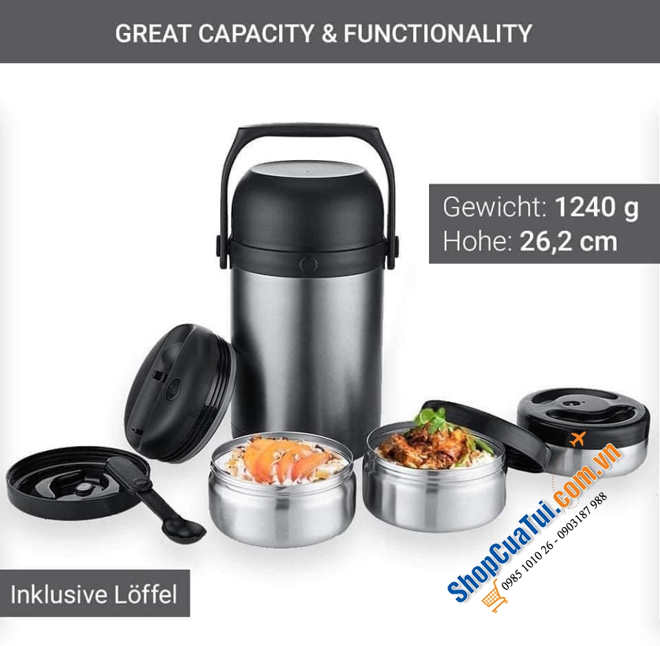 Hộp cơm giữ nhiệt 3 tầng lồng inox 1.8L KAAVE.