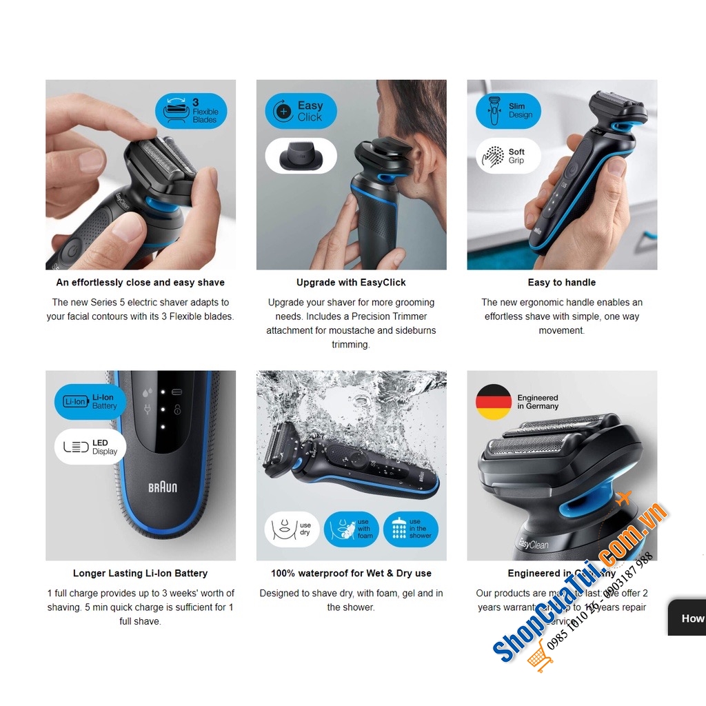 MÁY CẠO RÂU BRAUN SERIE 5 - Made in Germany - Máy cạo râu điện với 3 lưỡi dao linh hoạt