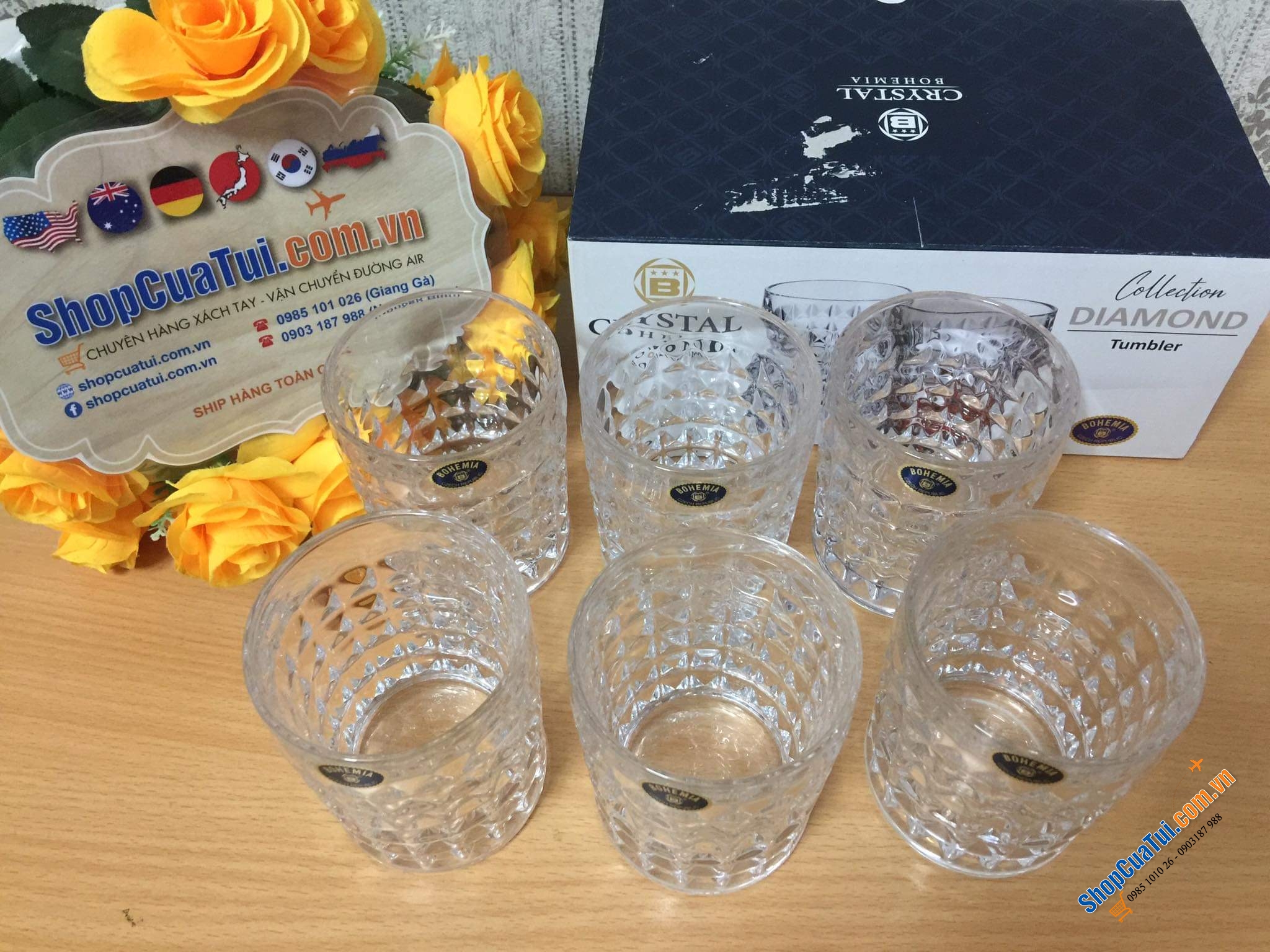 Bộ 6 ly thuỷ tinh pha lê Bohemia Diamond 230ml - Bộ cốc dòng kim cương Bohemia cao cấp