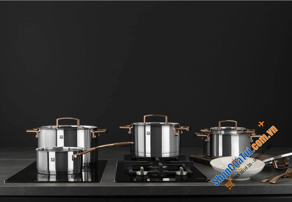BỘ NỒI ZWILLING BELLASERA CAO CẤP 5 MÓN - tay cầm không nóng trong quá trình đun nấu và tay cầm nắp màu đen hoặc vàng hồng tạo điểm nhấn lộng lẫy