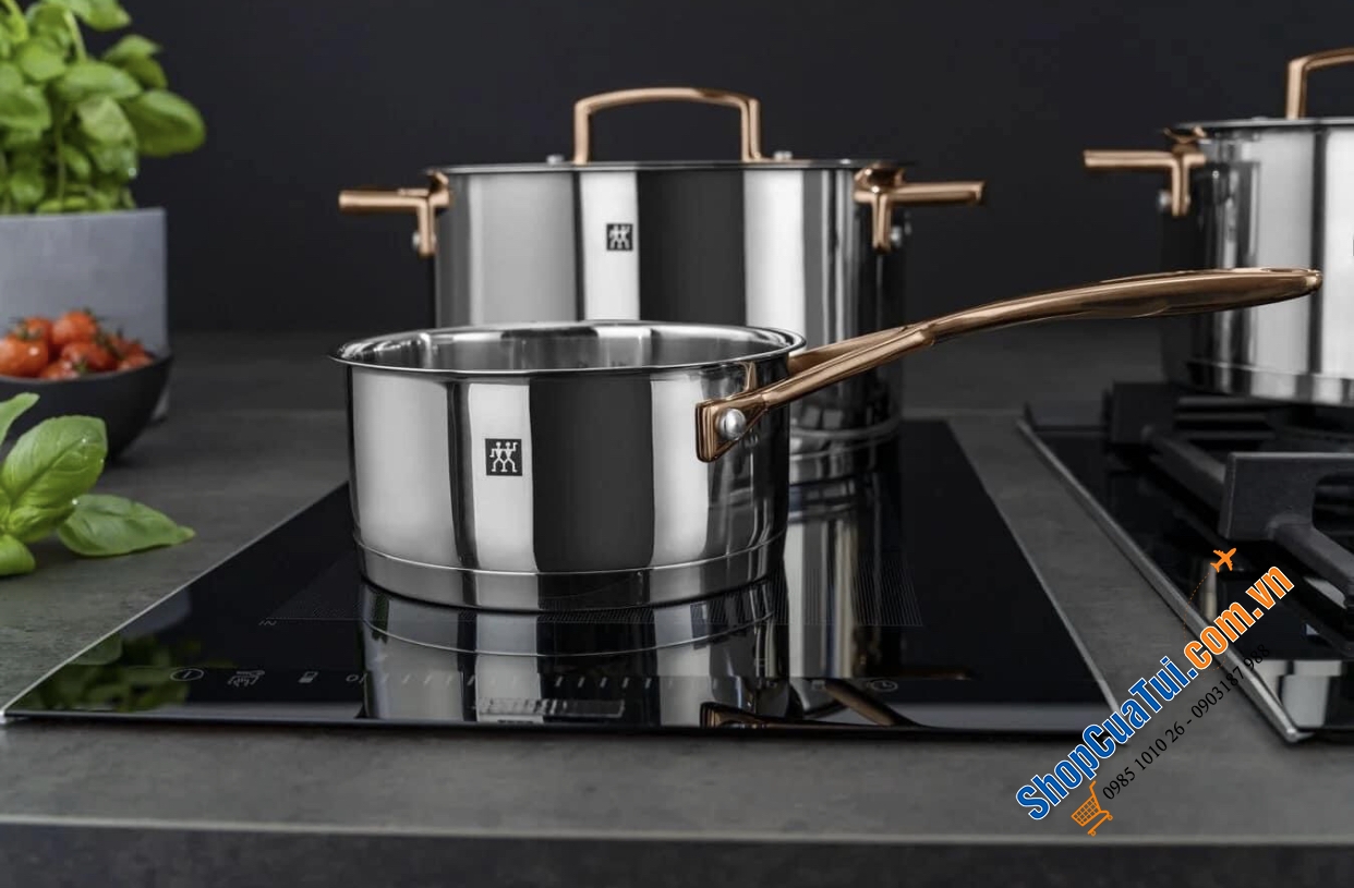 BỘ NỒI ZWILLING BELLASERA CAO CẤP 5 MÓN - tay cầm không nóng trong quá trình đun nấu và tay cầm nắp màu đen hoặc vàng hồng tạo điểm nhấn lộng lẫy