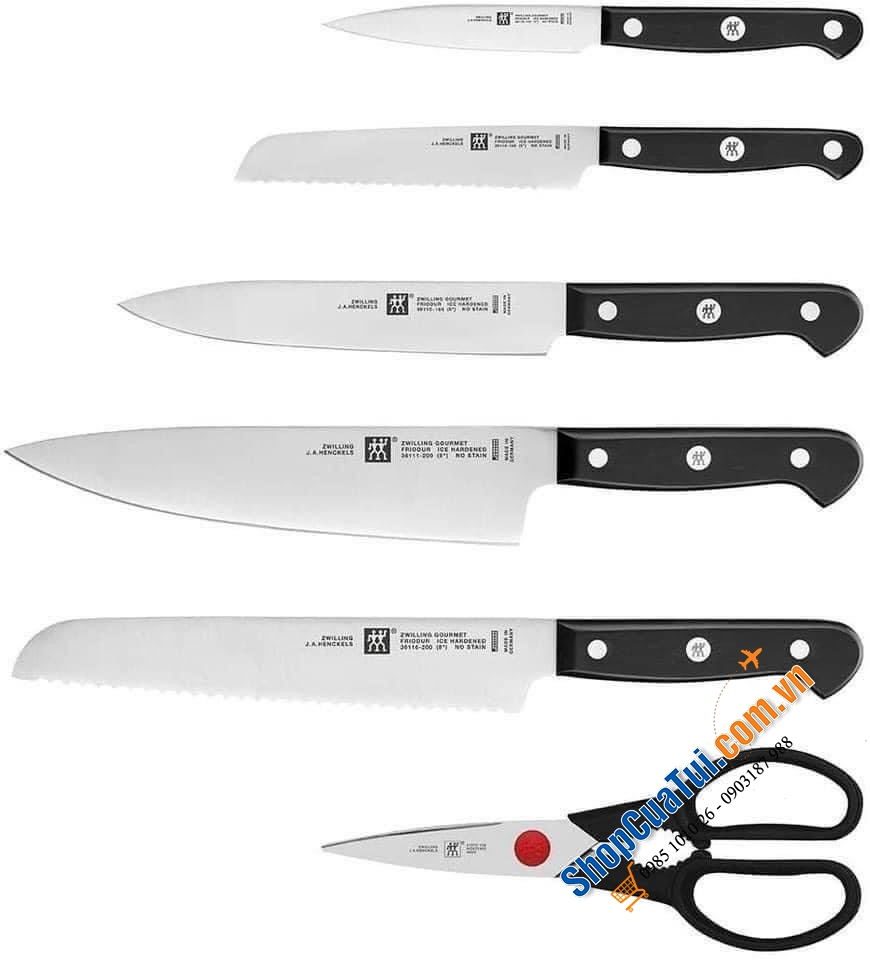Bộ dao Zwilling Gourmet 7 món TỰ MÀI  Made in Germany dập thân dao, cắm vào là mài, đốc BẰNG NHỰA CAO CẤP