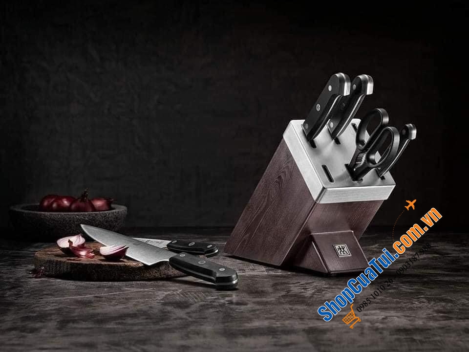 Bộ dao Zwilling Gourmet 7 món TỰ MÀI  Made in Germany dập thân dao, cắm vào là mài, đốc BẰNG NHỰA CAO CẤP