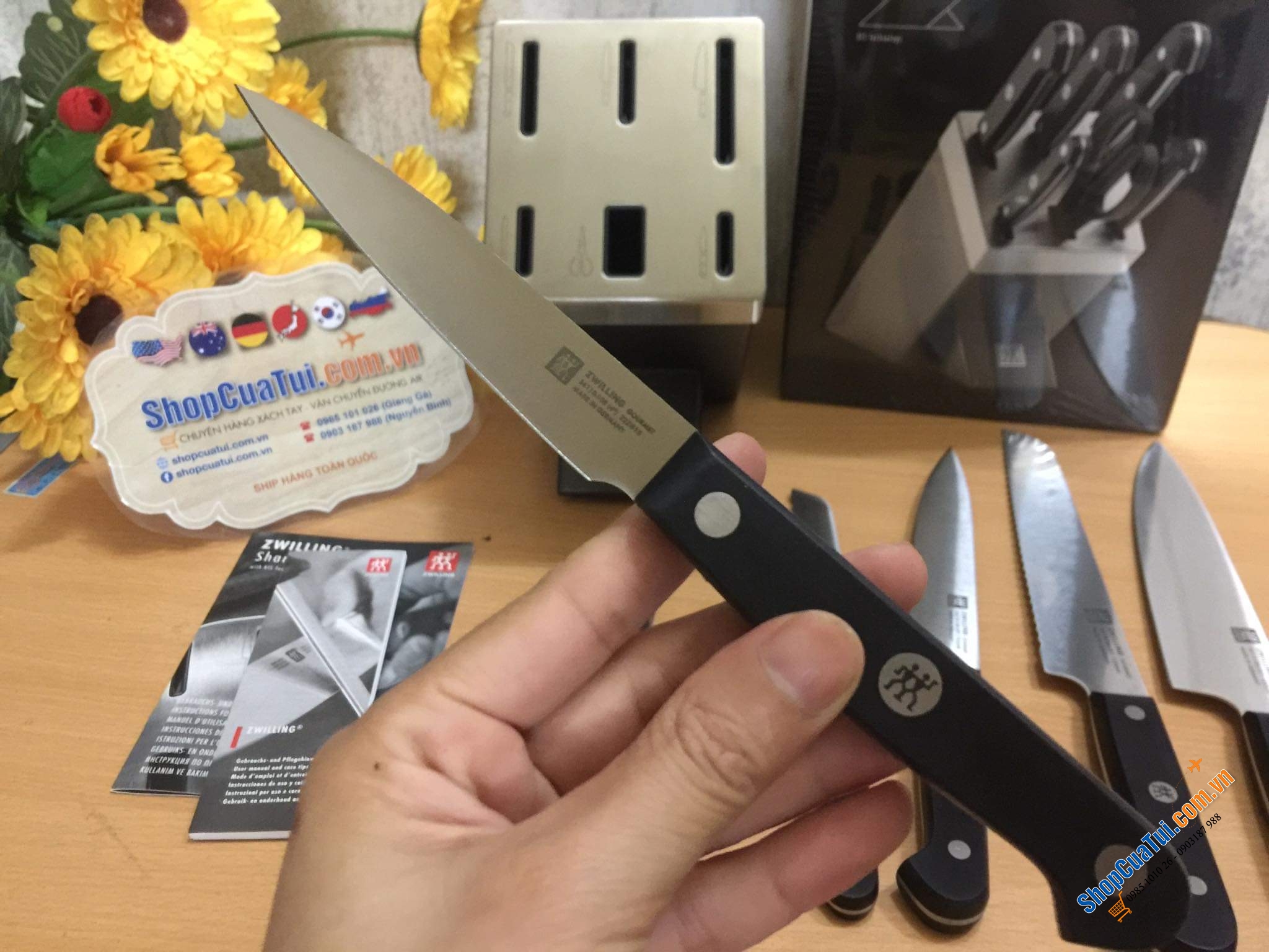 Bộ dao Zwilling Gourmet 7 món TỰ MÀI  Made in Germany dập thân dao, cắm vào là mài, đốc BẰNG NHỰA CAO CẤP