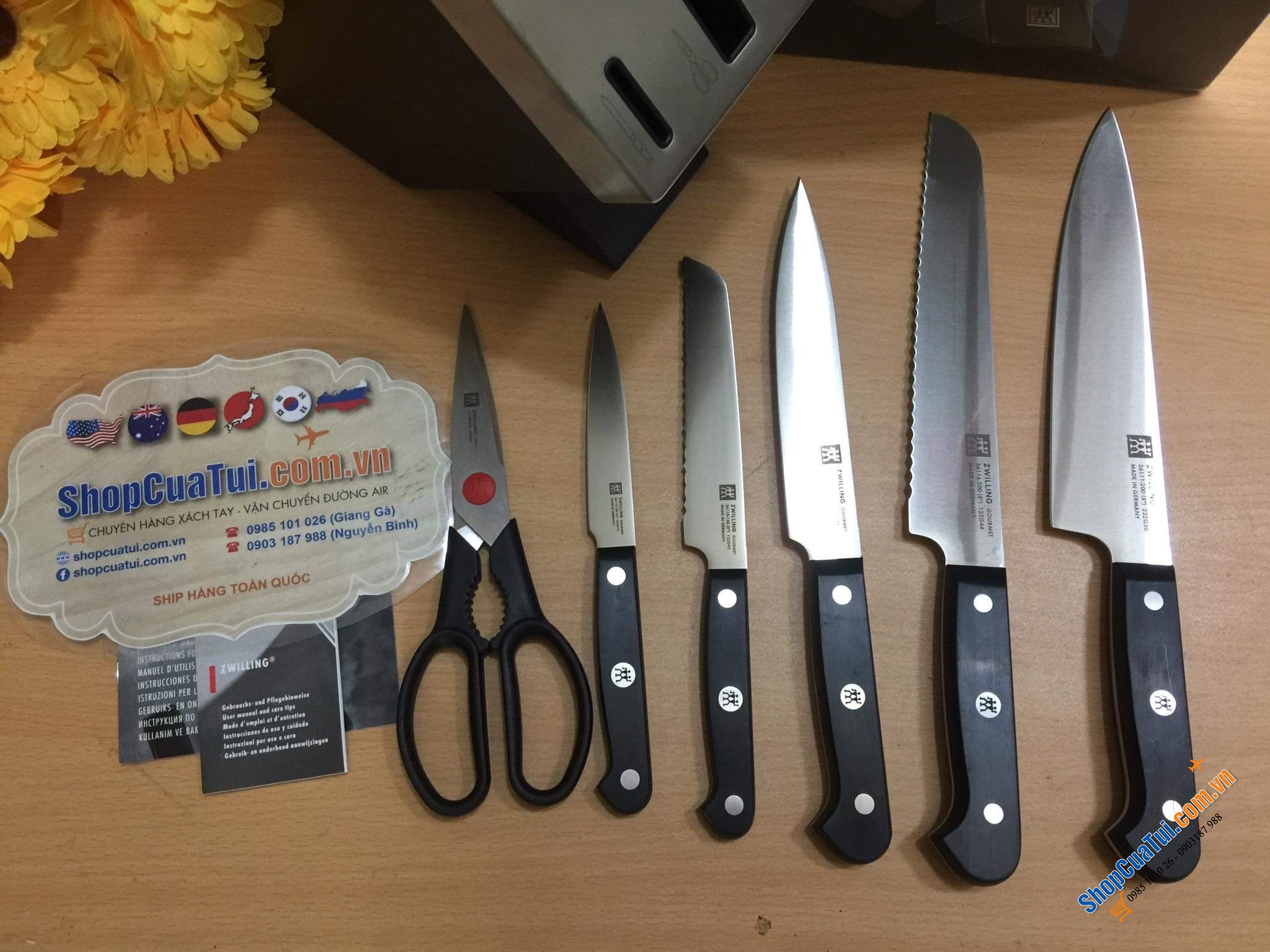 Bộ dao Zwilling Gourmet 7 món TỰ MÀI  Made in Germany dập thân dao, cắm vào là mài, đốc BẰNG NHỰA CAO CẤP