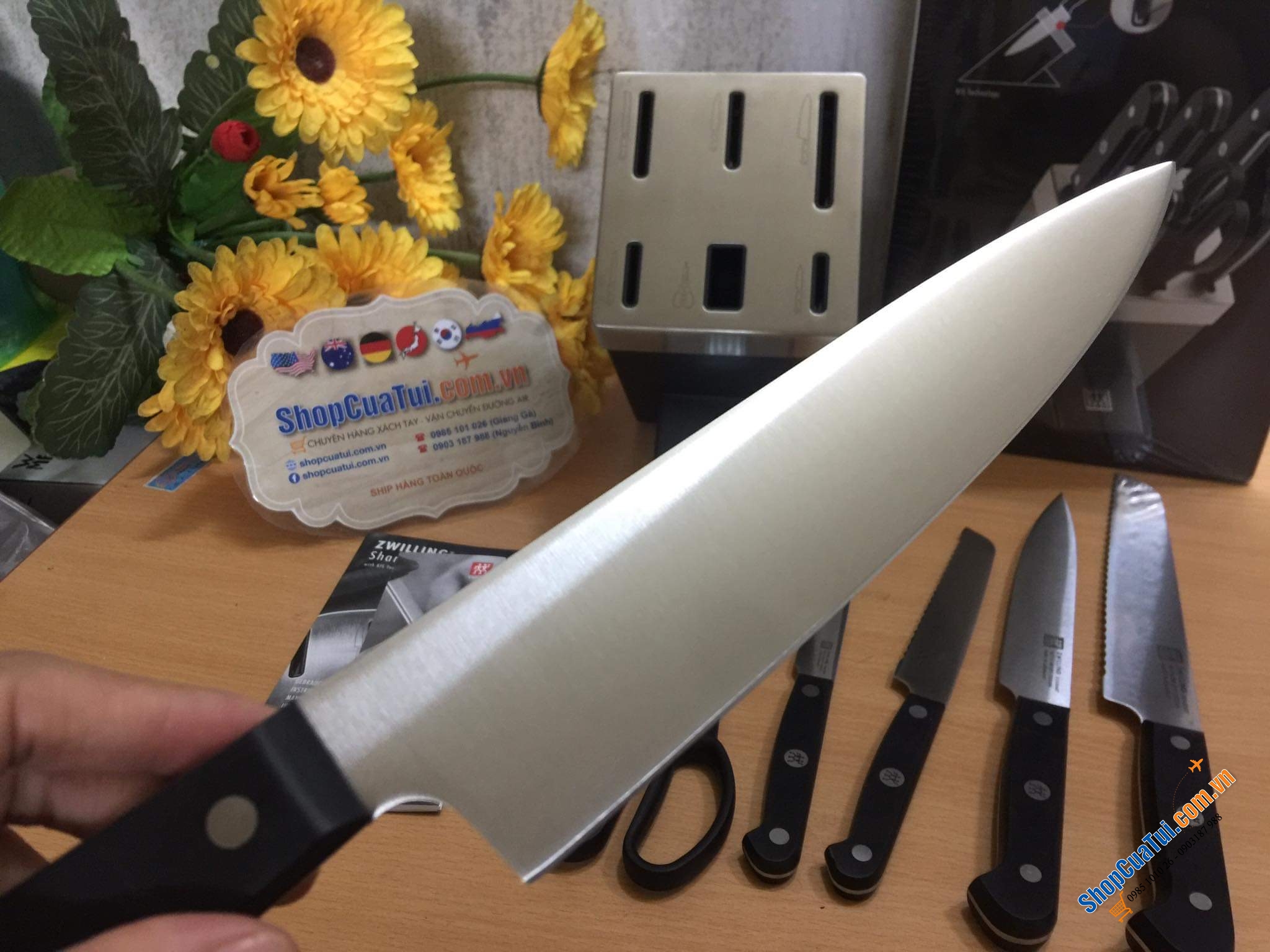 Bộ dao Zwilling Gourmet 7 món TỰ MÀI  Made in Germany dập thân dao, cắm vào là mài, đốc BẰNG NHỰA CAO CẤP