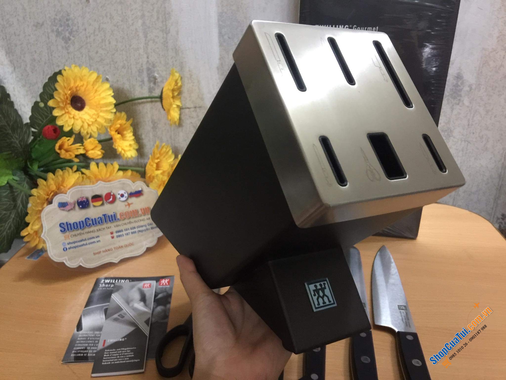 Bộ dao Zwilling Gourmet 7 món TỰ MÀI  Made in Germany dập thân dao, cắm vào là mài, đốc BẰNG NHỰA CAO CẤP