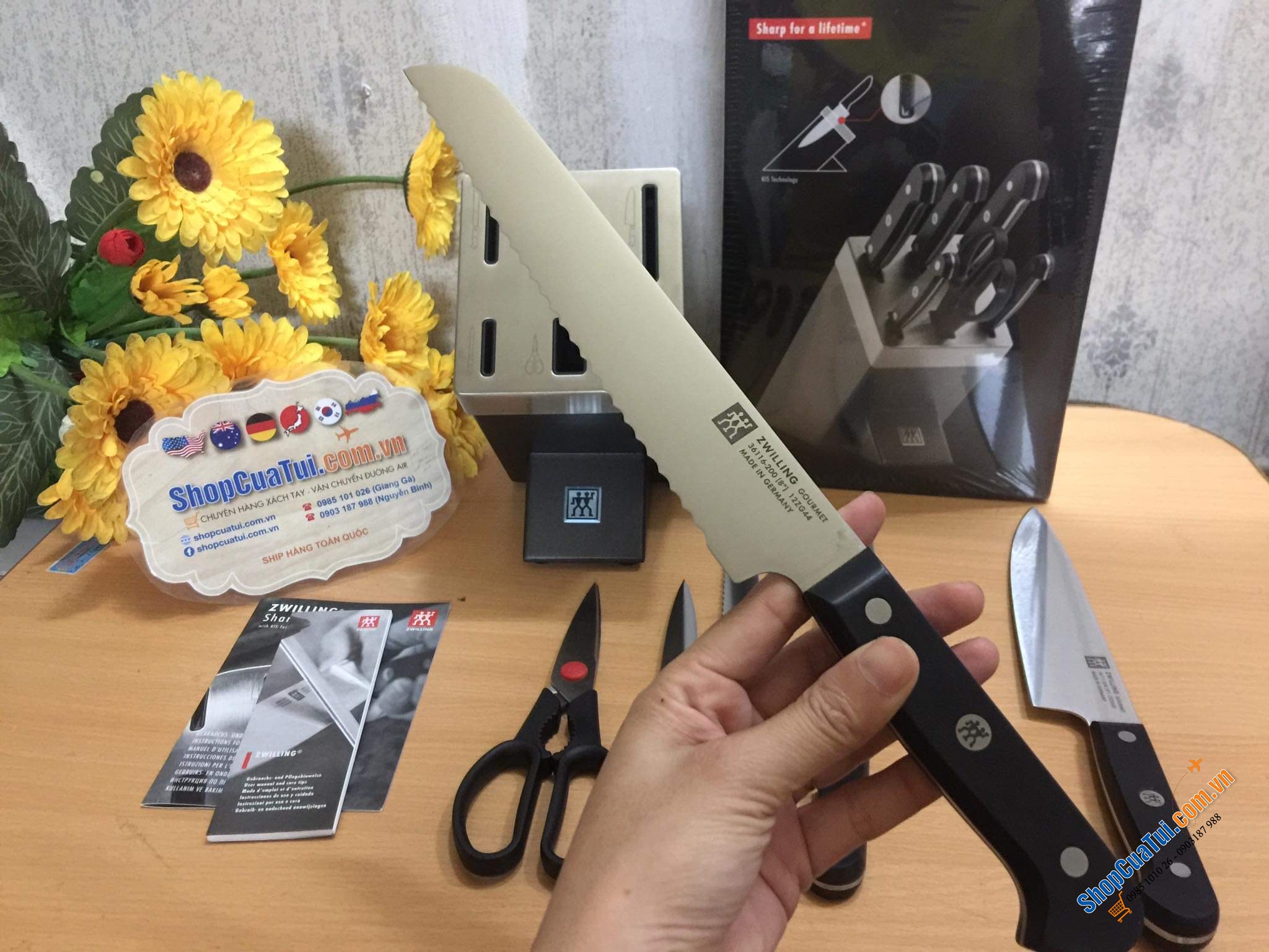 Bộ dao Zwilling Gourmet 7 món TỰ MÀI  Made in Germany dập thân dao, cắm vào là mài, đốc BẰNG NHỰA CAO CẤP