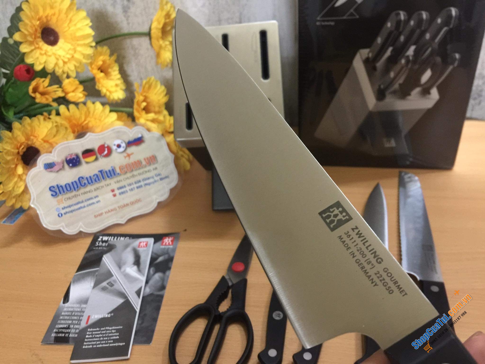 Bộ dao Zwilling Gourmet 7 món TỰ MÀI  Made in Germany dập thân dao, cắm vào là mài, đốc BẰNG NHỰA CAO CẤP