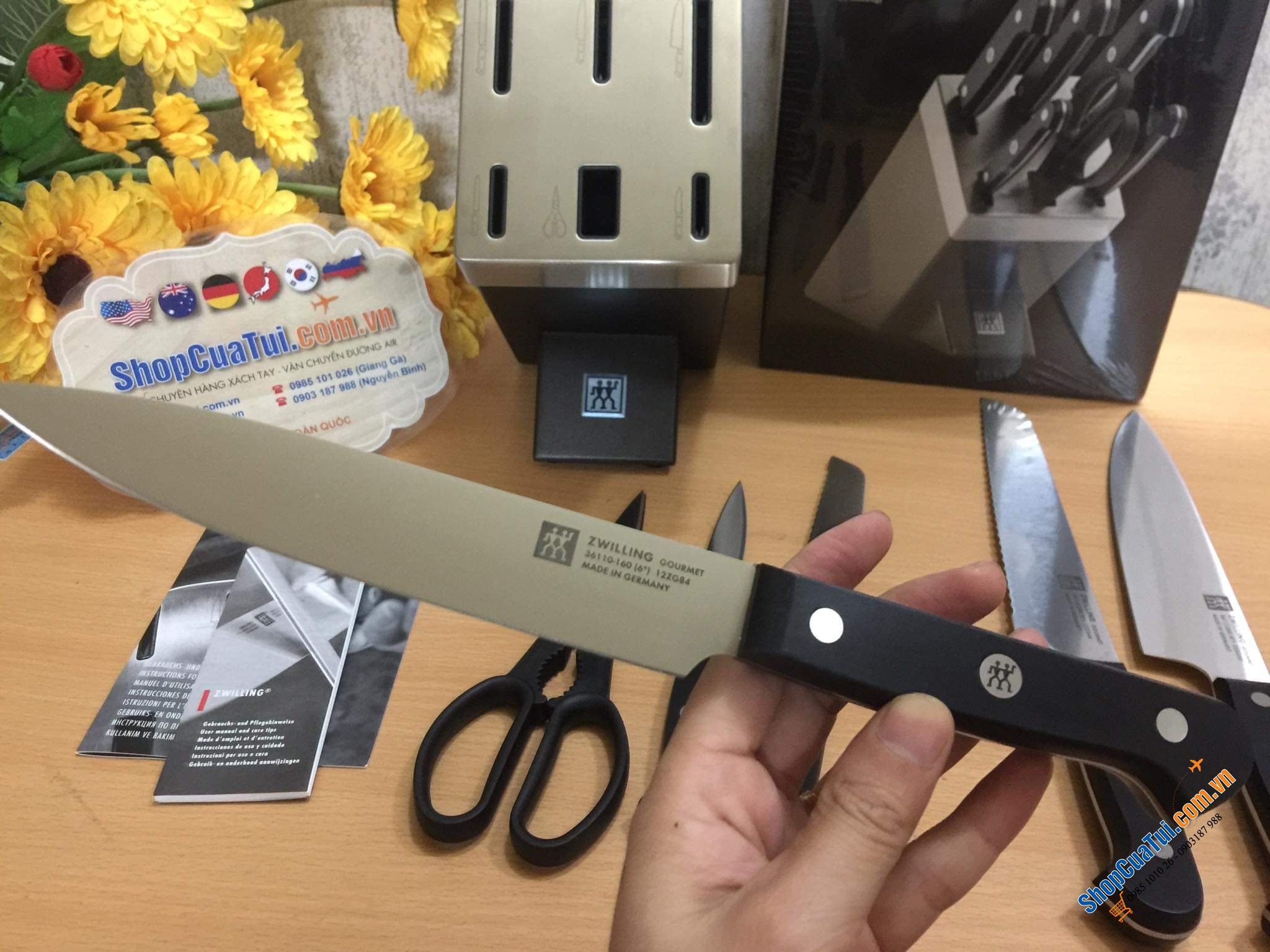 Bộ dao Zwilling Gourmet 7 món TỰ MÀI  Made in Germany dập thân dao, cắm vào là mài, đốc BẰNG NHỰA CAO CẤP