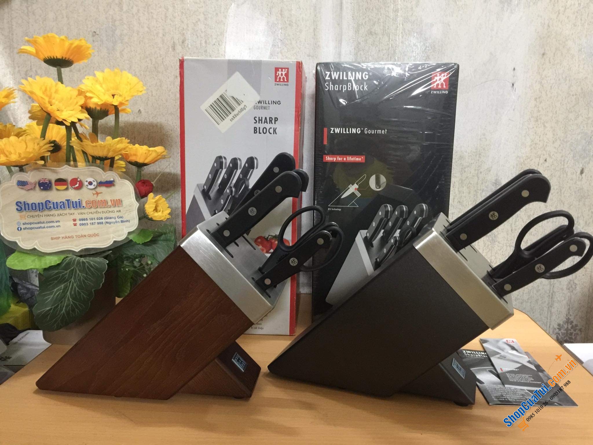 Bộ dao Zwilling Gourmet 7 món TỰ MÀI  Made in Germany dập thân dao, cắm vào là mài, đốc BẰNG NHỰA CAO CẤP