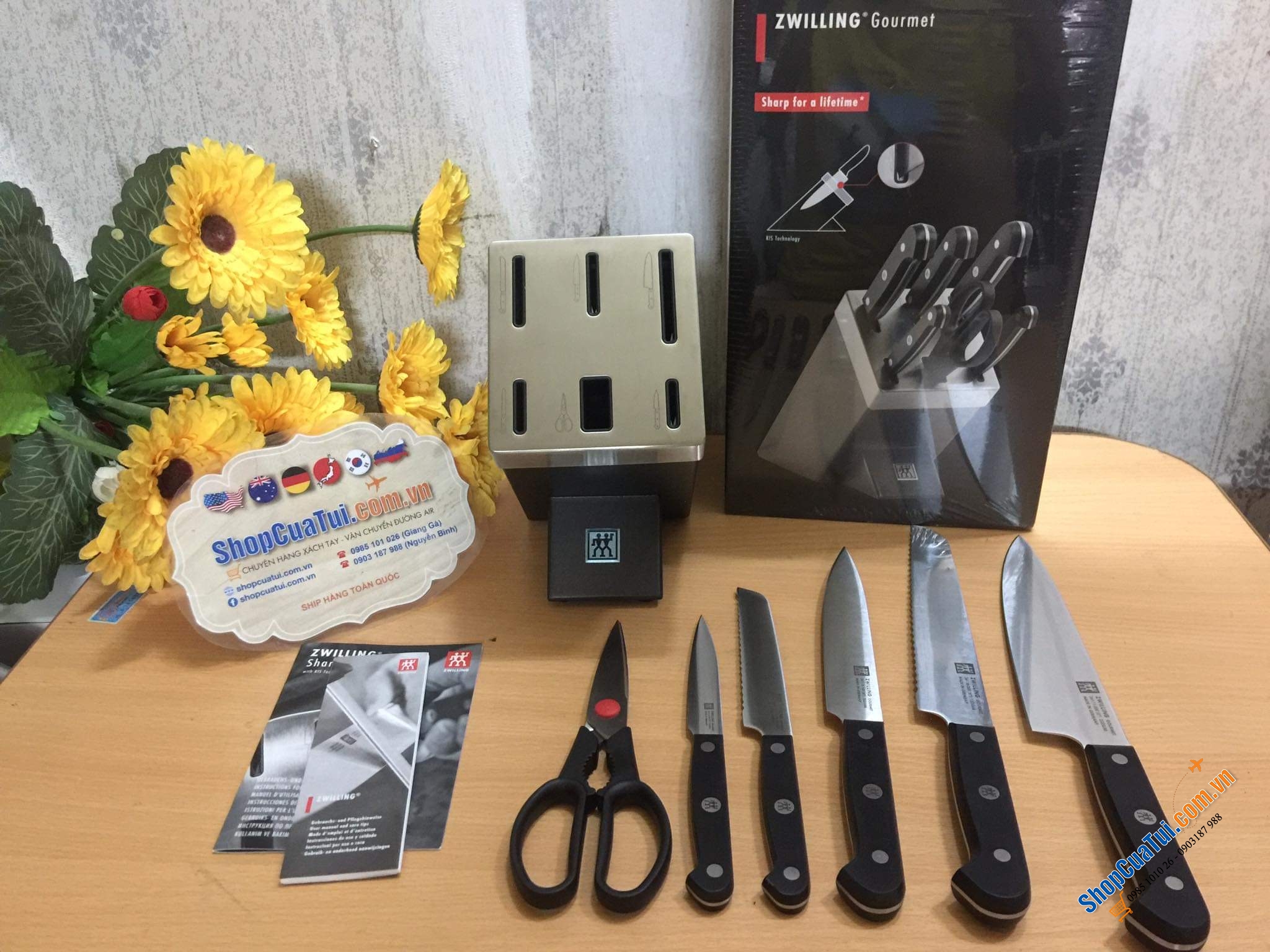 Bộ dao Zwilling Gourmet 7 món TỰ MÀI  Made in Germany dập thân dao, cắm vào là mài, đốc BẰNG NHỰA CAO CẤP