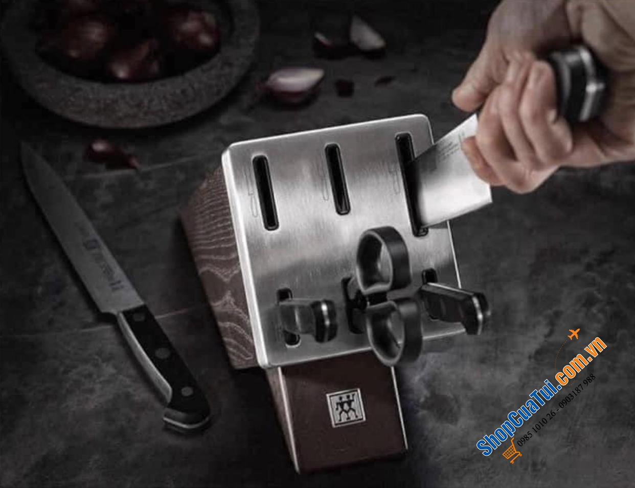 Bộ dao Zwilling Gourmet 7 món TỰ MÀI  Made in Germany dập thân dao, cắm vào là mài, đốc BẰNG NHỰA CAO CẤP