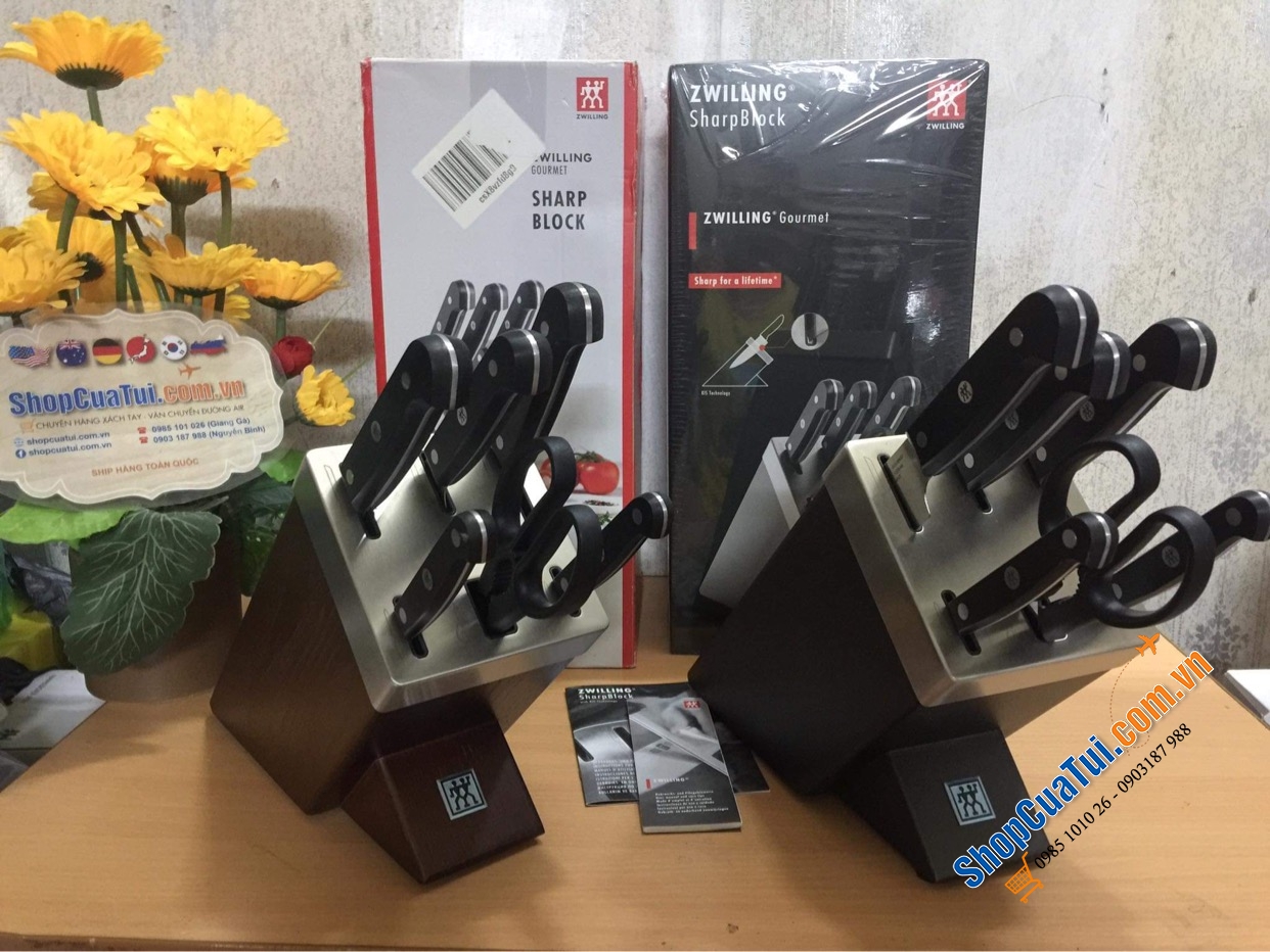 Bộ dao Zwilling Gourmet 7 món TỰ MÀI  Made in Germany dập thân dao, cắm vào là mài, đốc BẰNG NHỰA CAO CẤP
