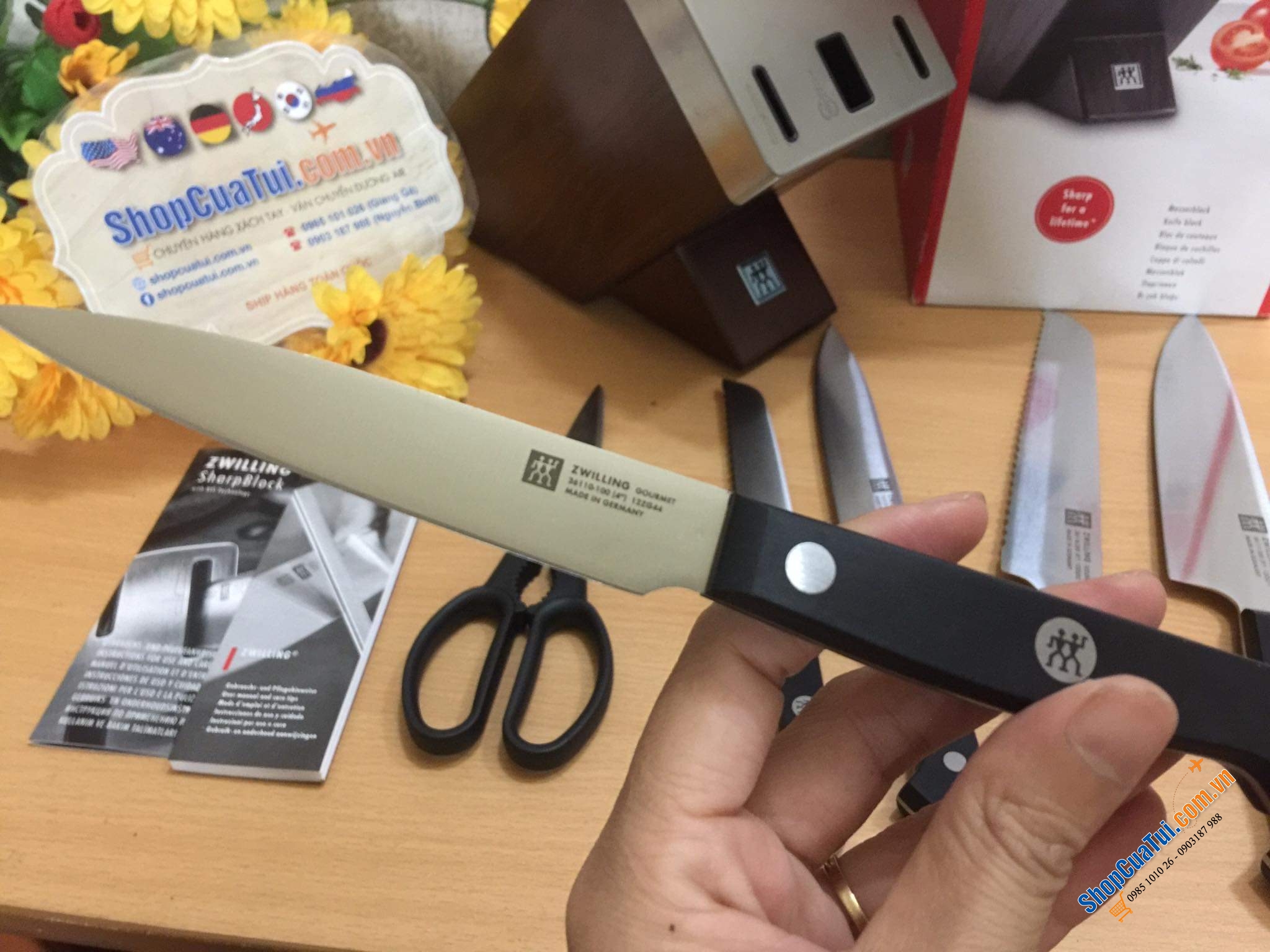 BỘ DAO ZWILLING GOURMET SET 7 TỰ MÀI THUỘC HÀNG ĐỈNH CỦA CHÓP - ĐỐC GỖ MÀU NÂU ZWILLING SHARPBLOCK 36133 - Made in Germany