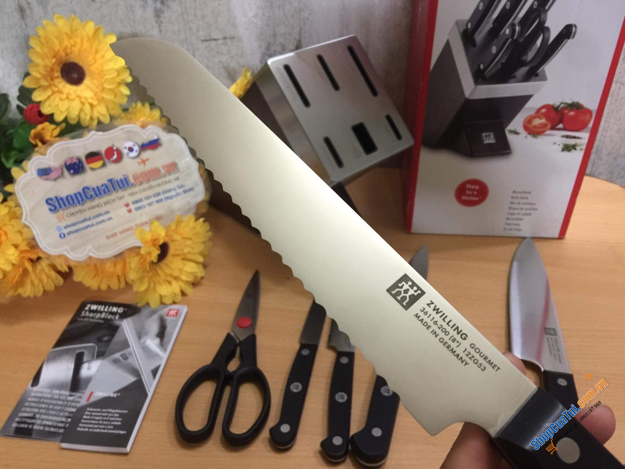 BỘ DAO ZWILLING GOURMET SET 7 TỰ MÀI THUỘC HÀNG ĐỈNH CỦA CHÓP - ĐỐC GỖ MÀU NÂU ZWILLING SHARPBLOCK 36133 - Made in Germany