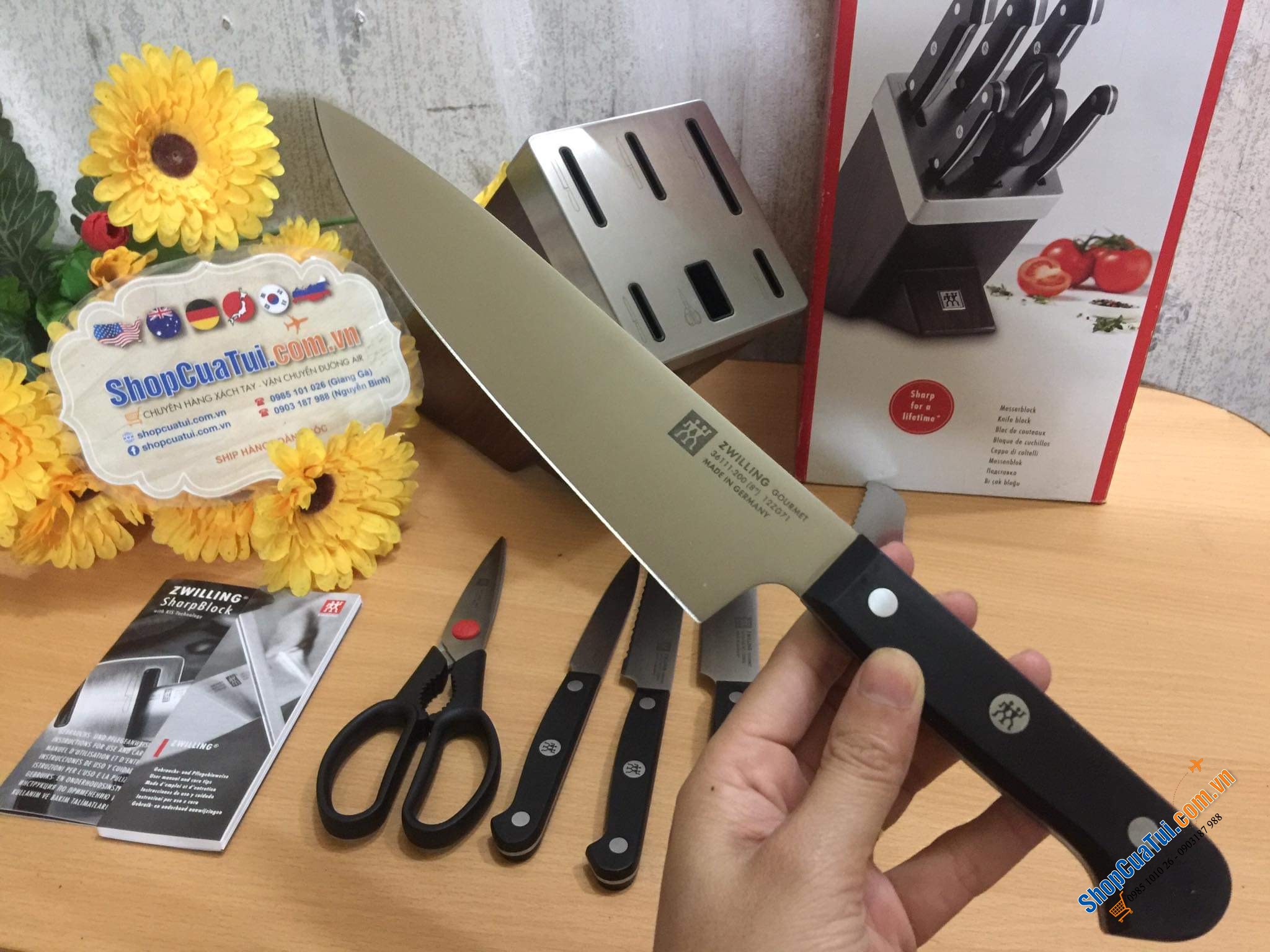 BỘ DAO ZWILLING GOURMET SET 7 TỰ MÀI THUỘC HÀNG ĐỈNH CỦA CHÓP - ĐỐC GỖ MÀU NÂU ZWILLING SHARPBLOCK 36133 - Made in Germany