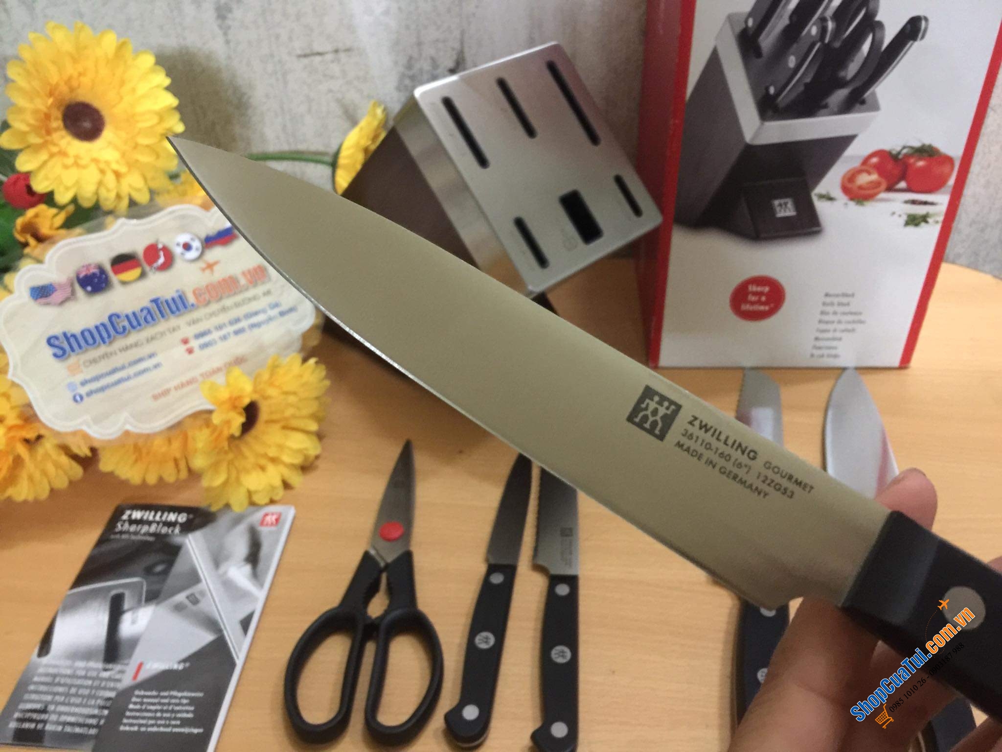 BỘ DAO ZWILLING GOURMET SET 7 TỰ MÀI THUỘC HÀNG ĐỈNH CỦA CHÓP - ĐỐC GỖ MÀU NÂU ZWILLING SHARPBLOCK 36133 - Made in Germany