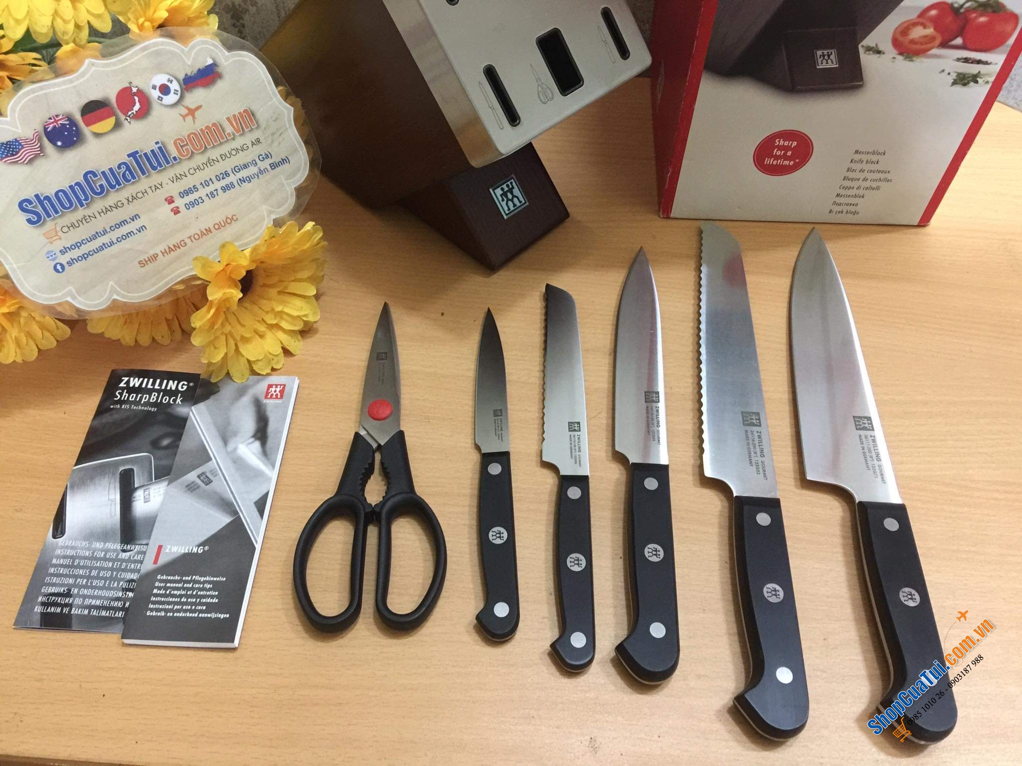 BỘ DAO ZWILLING GOURMET SET 7 TỰ MÀI THUỘC HÀNG ĐỈNH CỦA CHÓP - ĐỐC GỖ MÀU NÂU ZWILLING SHARPBLOCK 36133 - Made in Germany