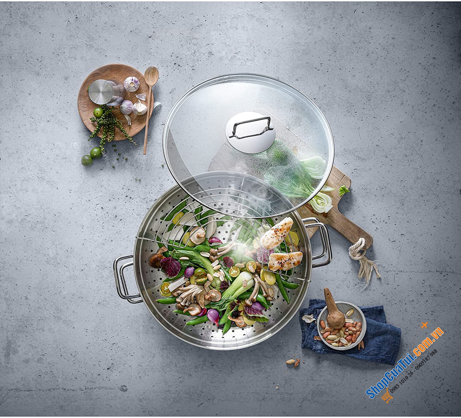 CHẢO XÀO WMF WOK 32CM VUNG KÍNH tha hồ chiên, xào, nấu, lẩu