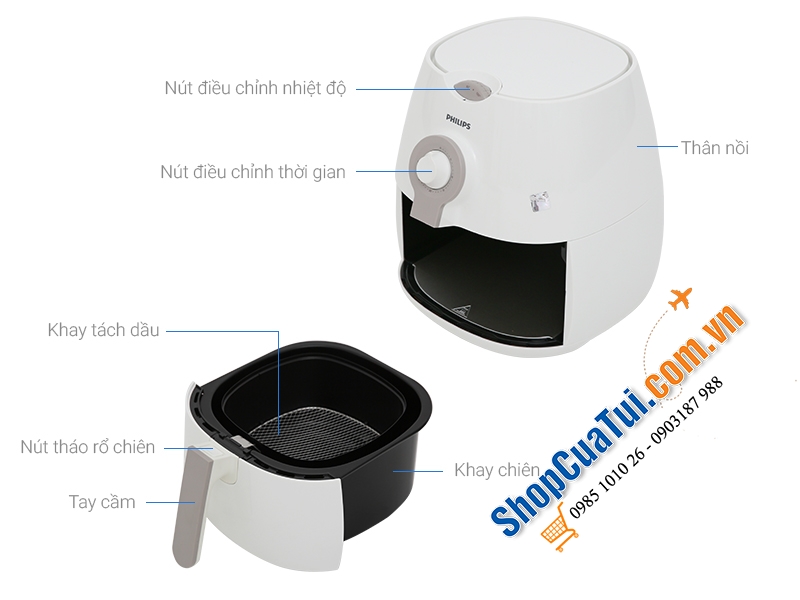NỒI CHIÊN KHÔNG DẦU PHILIPS HD 9216/80 size nhỏ 0.8 kg, dành cho 2 - 4 người ăn, màu trắng