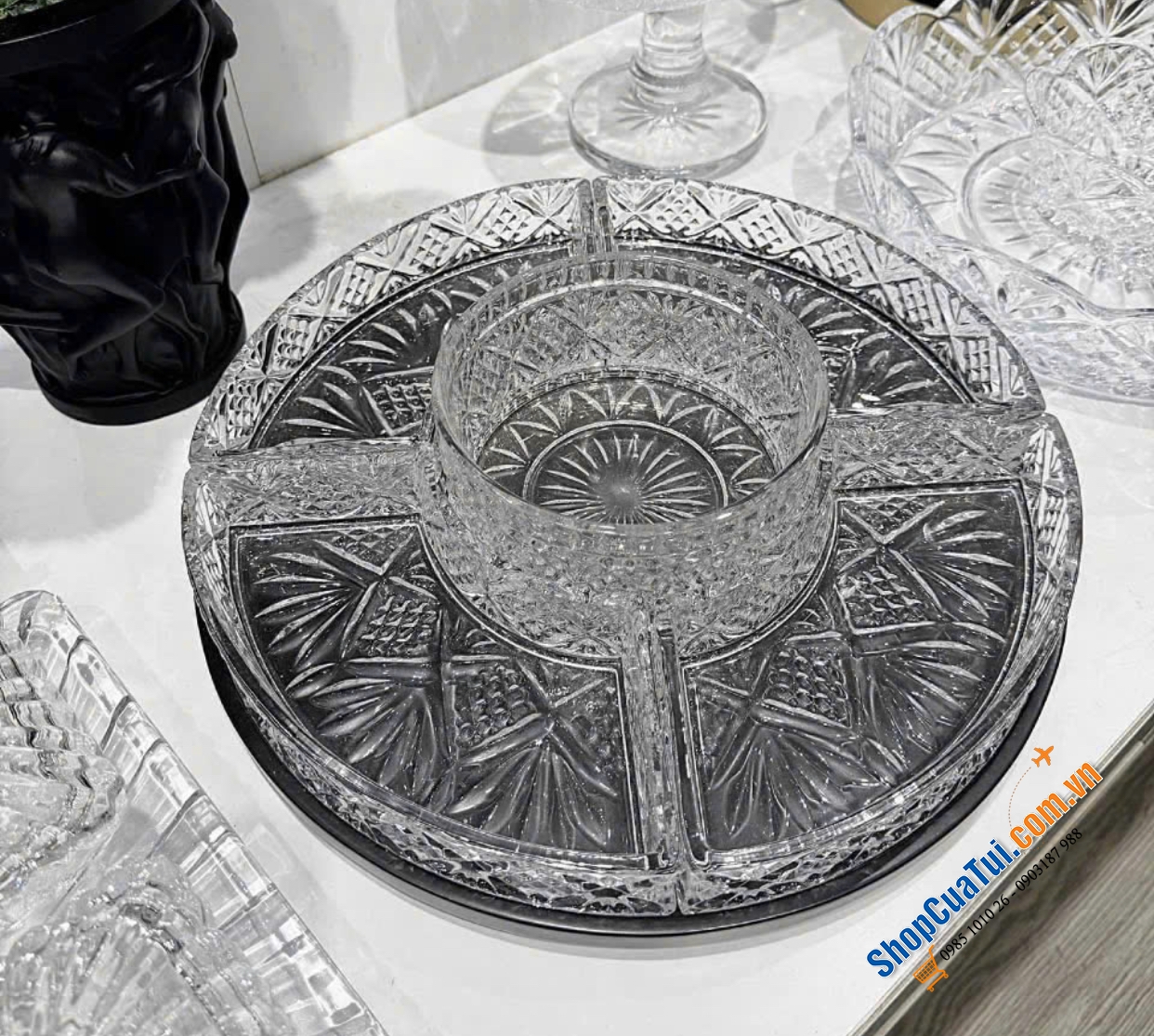 Khay pha lê tròn chia ô đế xoay Godinger Dublin Lazy Susan - Dùng để đựng mứt, bánh kẹo, rau củ, các món ăn tại gia đình, nhà hàng, khách sạn
