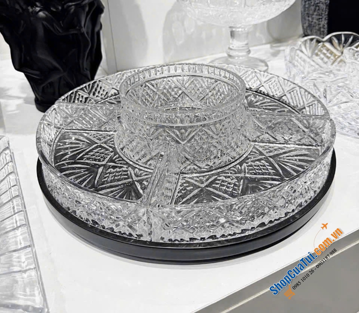 Khay pha lê tròn chia ô đế xoay Godinger Dublin Lazy Susan - Dùng để đựng mứt, bánh kẹo, rau củ, các món ăn tại gia đình, nhà hàng, khách sạn