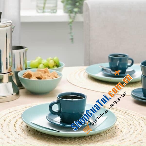 SET 4 CỐC IKEA FÄRGKLAR 250ml kèm đĩa lót có hộp đựng có thể làm quà tặng rất xinh tông màu xanh trang nhã