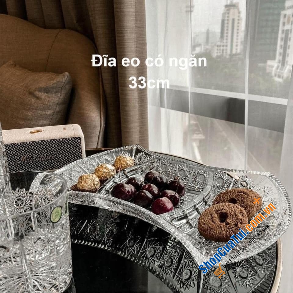 Đĩa eo pha lê mài Bohemia chia ngăn hoặc không chia ngăn - PHA LÊ MÀI M57 BOHEMIA - Đĩa pha lê thắt eo  Bohemia 33cm bày gì cũng sang, đẹp trên bàn ăn, bàn tiệc, bàn trà