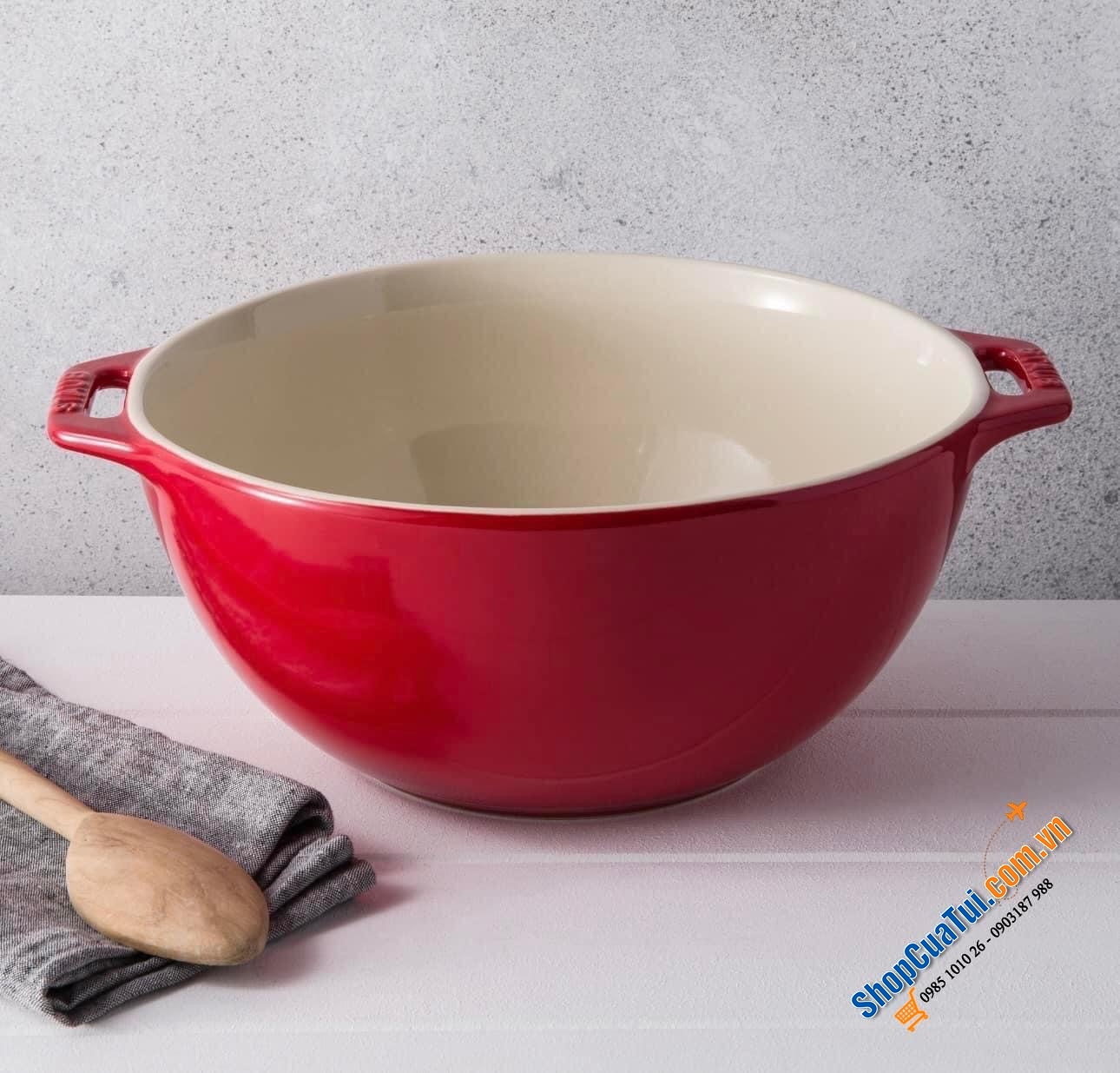 TÔ STAUB 18CM TRẮNG, XANH, ĐỎ - Bát to dùng để trộn salat, nộm gỏi, làm bát canh, cơm to, hay là làm âu trộn nhân nem... kèm 2 quai bê dễ dàng